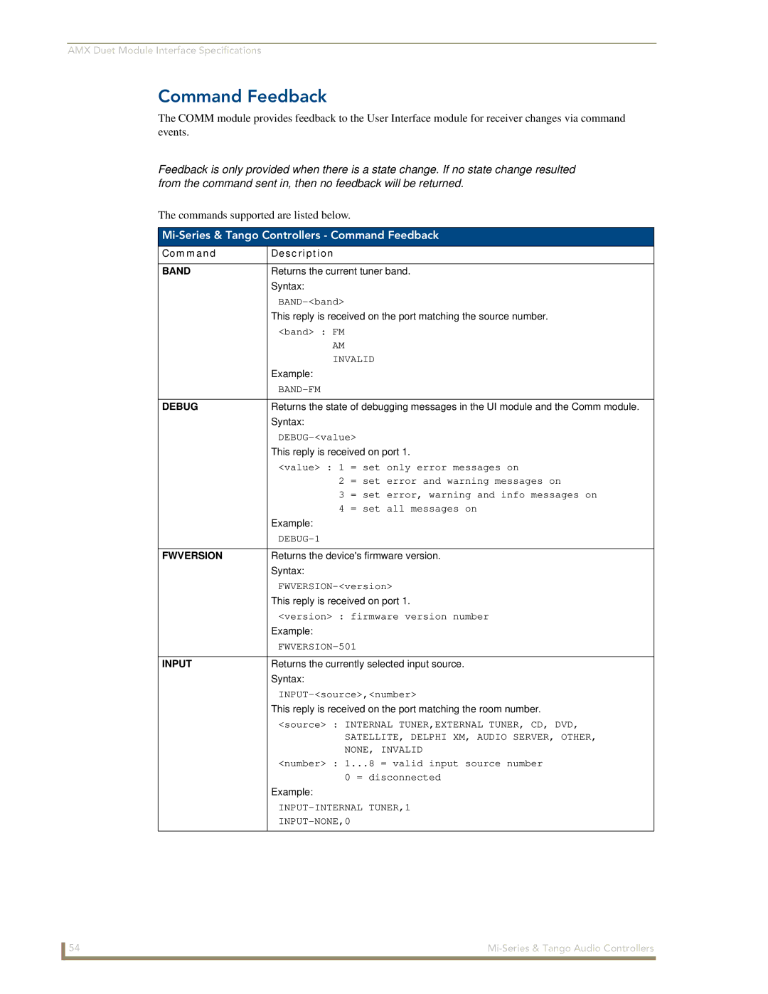 AMX DAS-T0804-SIG, DAS-T0808-SIG manual Mi-Series & Tango Controllers Command Feedback, Band, Fwversion 