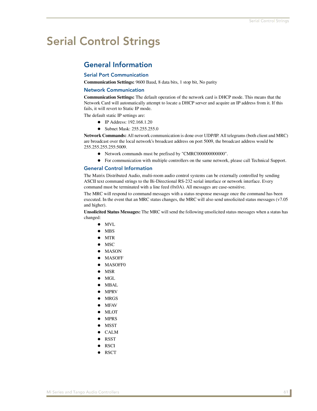 AMX DAS-T0808-SIG manual Serial Control Strings, General Information, Serial Port Communication, Network Communication 