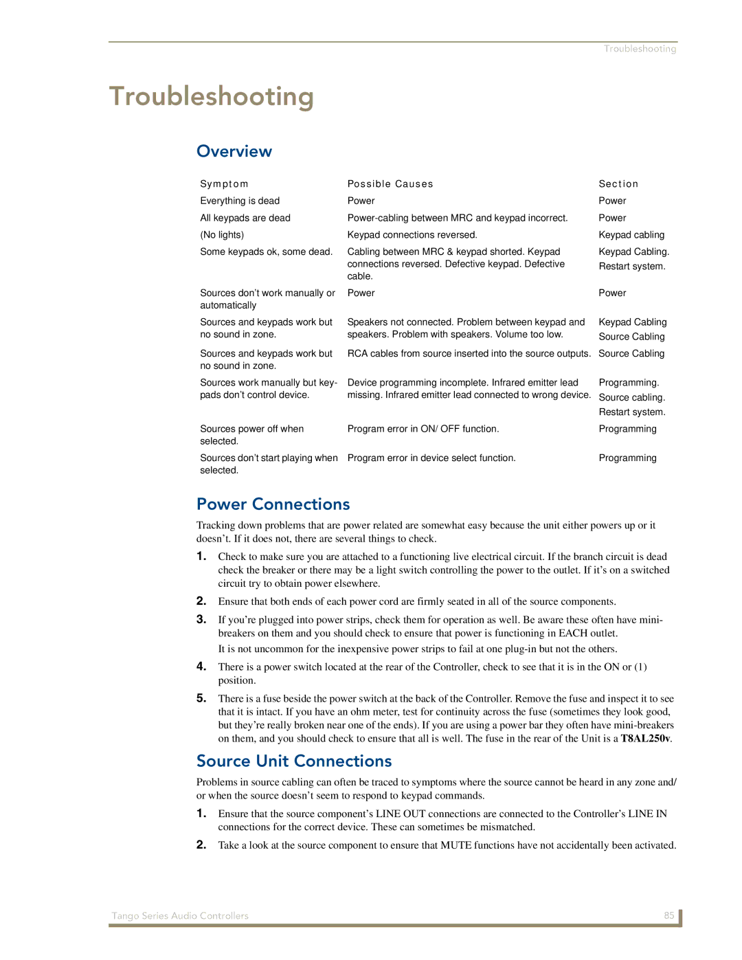 AMX DAS-T0808-SIG manual Troubleshooting, Power Connections, Source Unit Connections, Symptom Possible Causes Section 