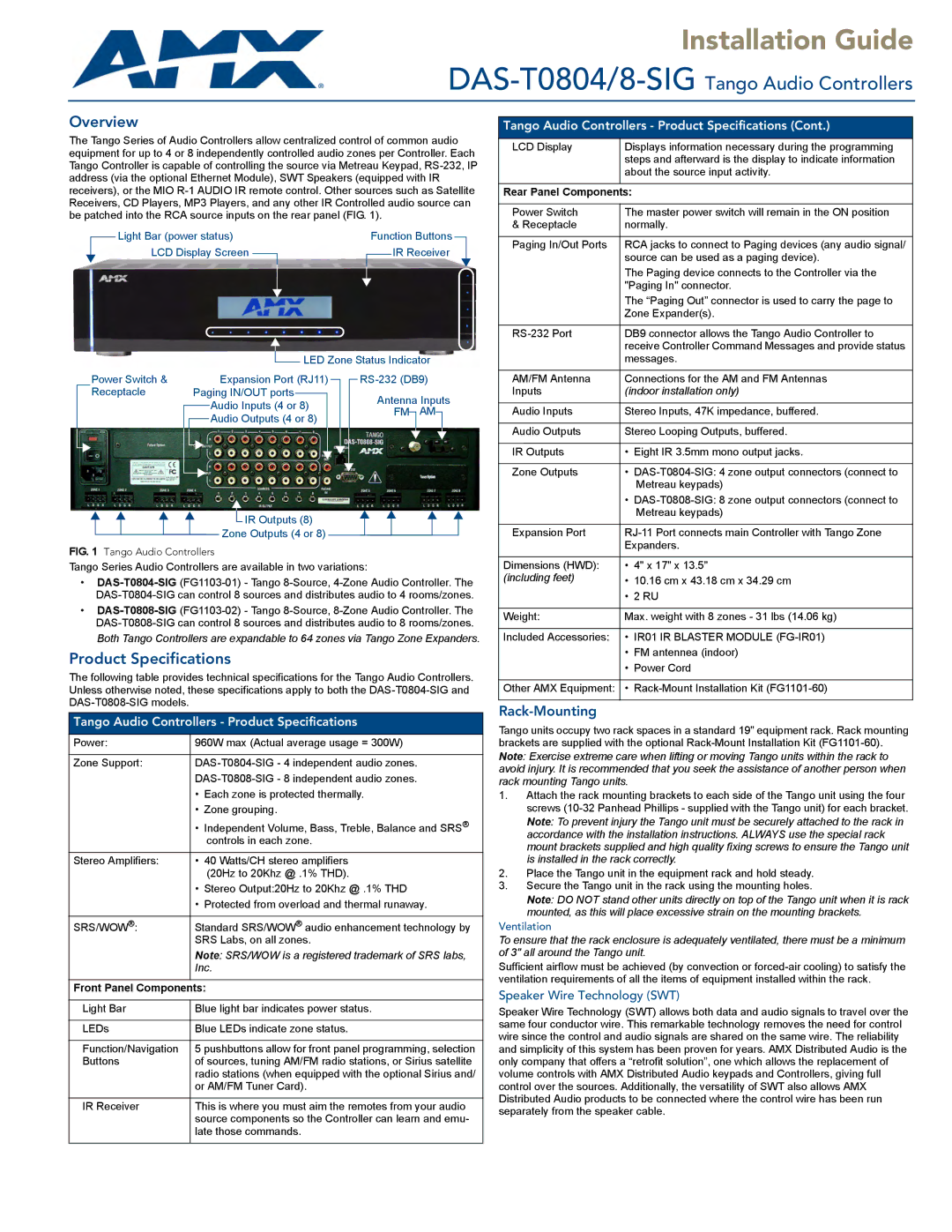 AMX DAS-T0804/8-SIG specifications Rack-Mounting, Speaker Wire Technology SWT 