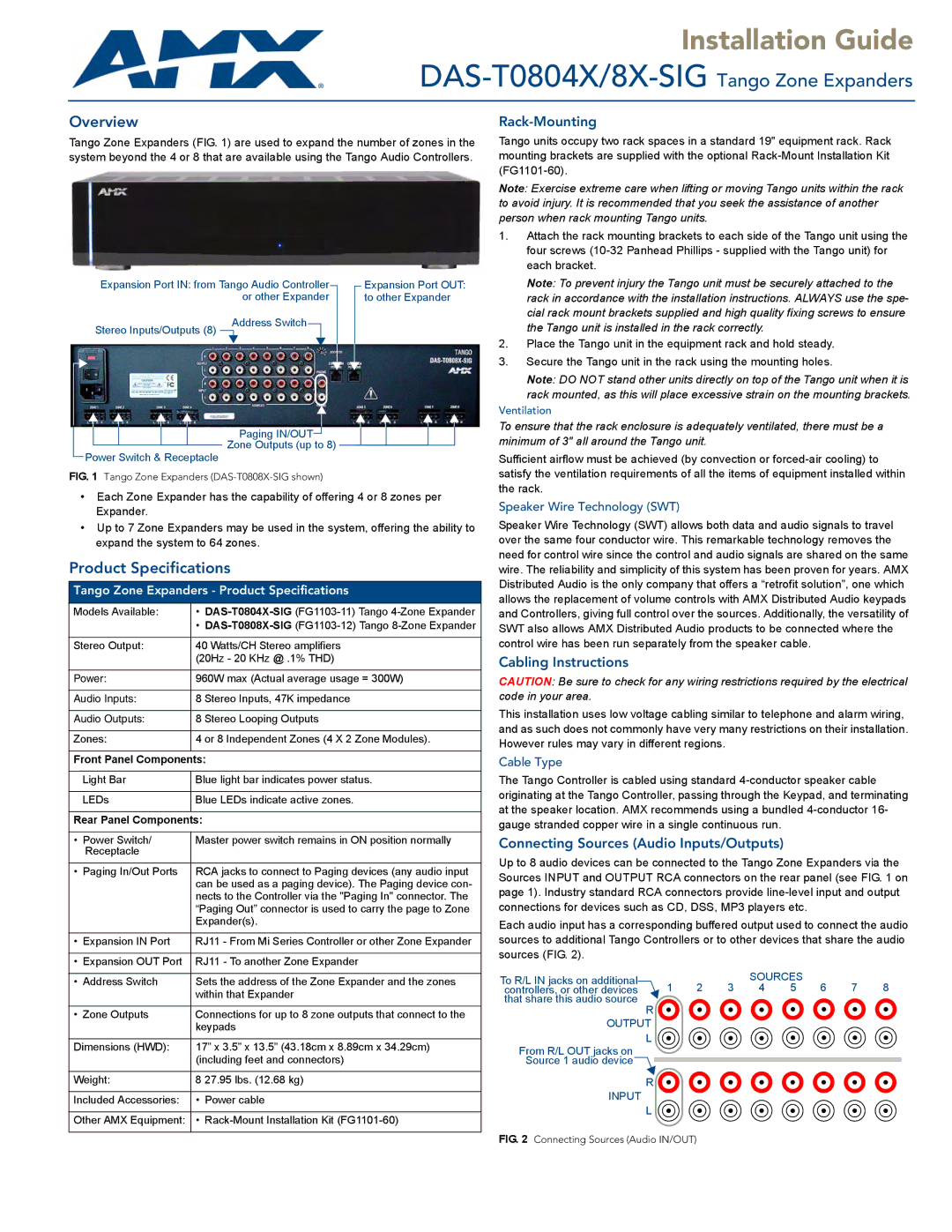 AMX DAS-T0804X/8X-SIG specifications Rack-Mounting, Cabling Instructions, Connecting Sources Audio Inputs/Outputs 