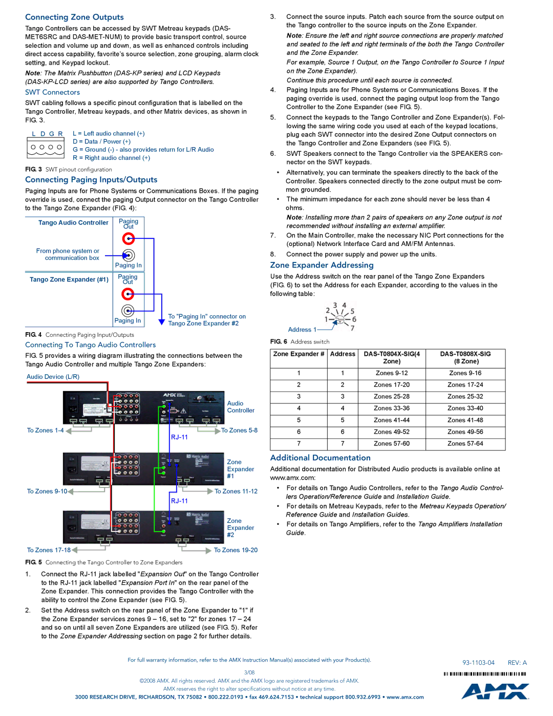 AMX DAS-T0804X/8X-SIG specifications Connecting Zone Outputs, Connecting Paging Inputs/Outputs, Zone Expander Addressing 