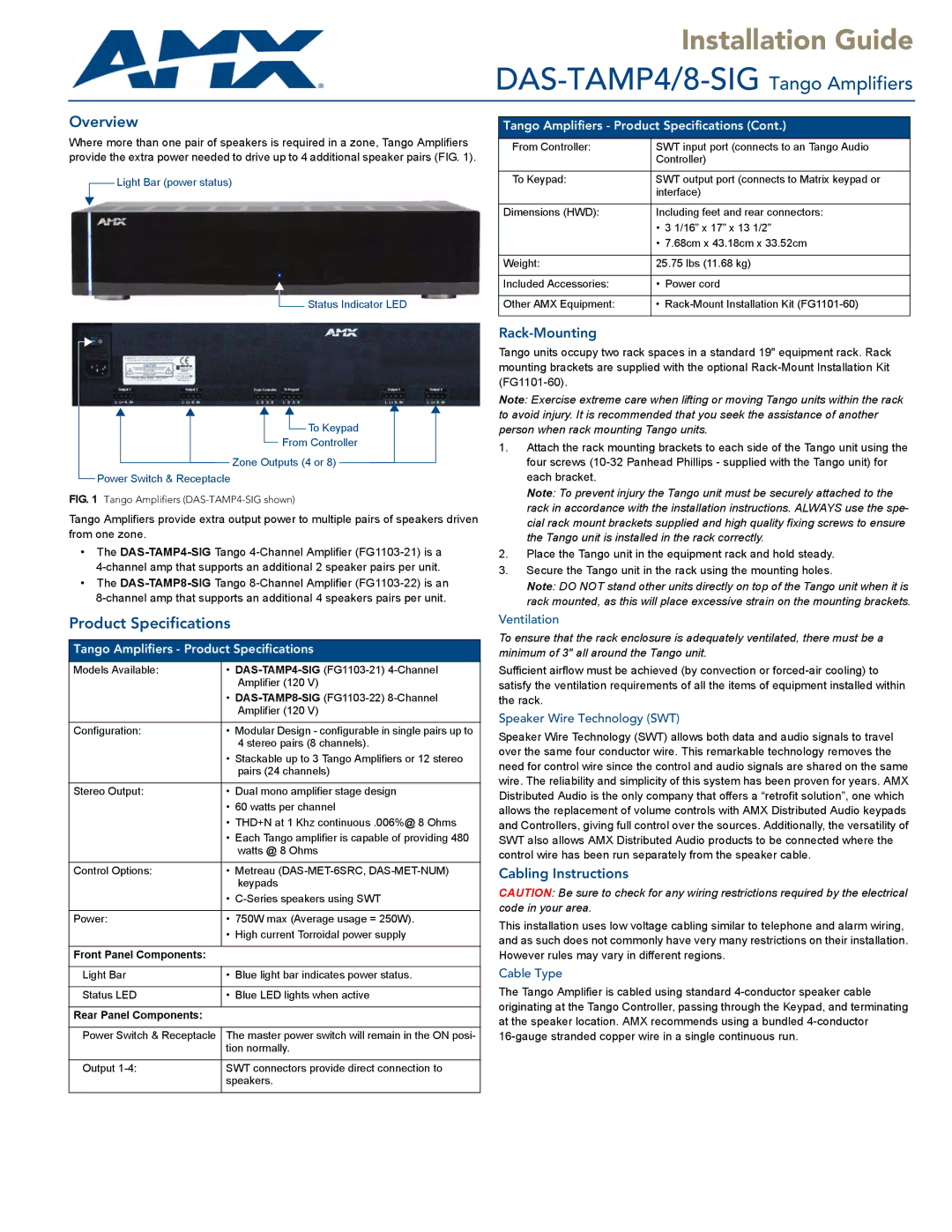 AMX DAS-TAMP4/8-SIG specifications Rack-Mounting, Cabling Instructions, Ventilation, Speaker Wire Technology SWT 