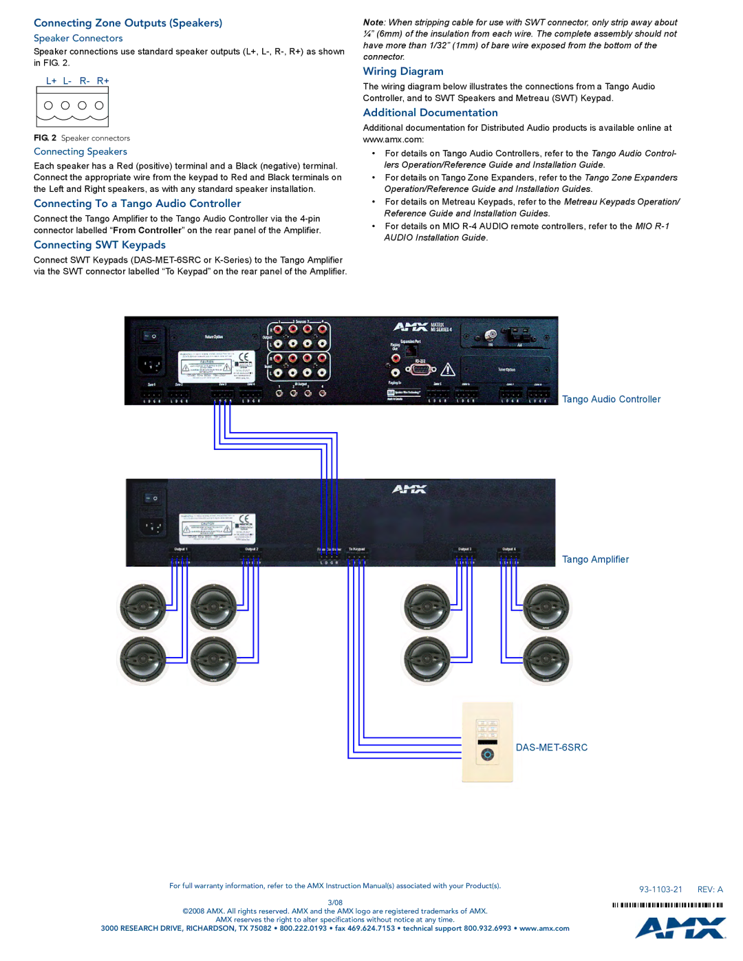 AMX DAS-TAMP4/8-SIG Connecting Zone Outputs Speakers, Connecting To a Tango Audio Controller, Connecting SWT Keypads 