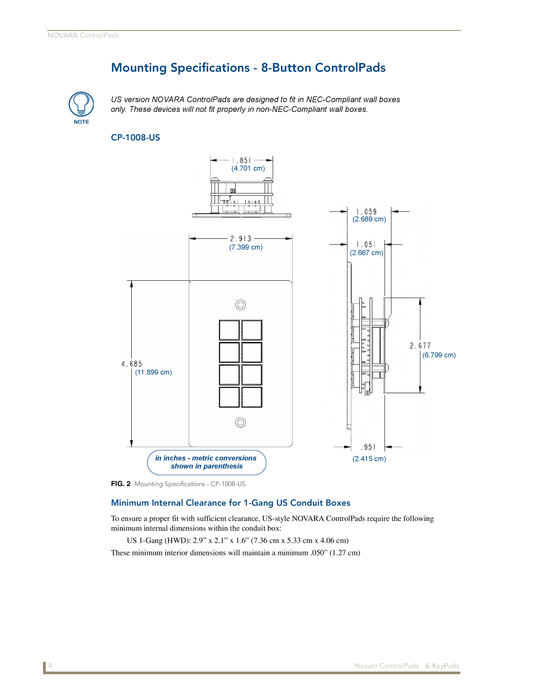 AMX DCS1000, 1000 Series manual Mounting Specifications 8-Button ControlPads, CP-1008-US 