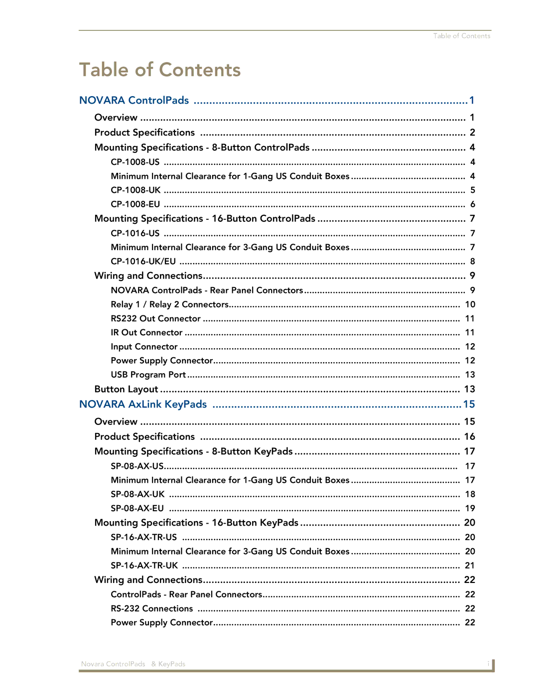 AMX 1000 Series, DCS1000 manual Table of Contents 