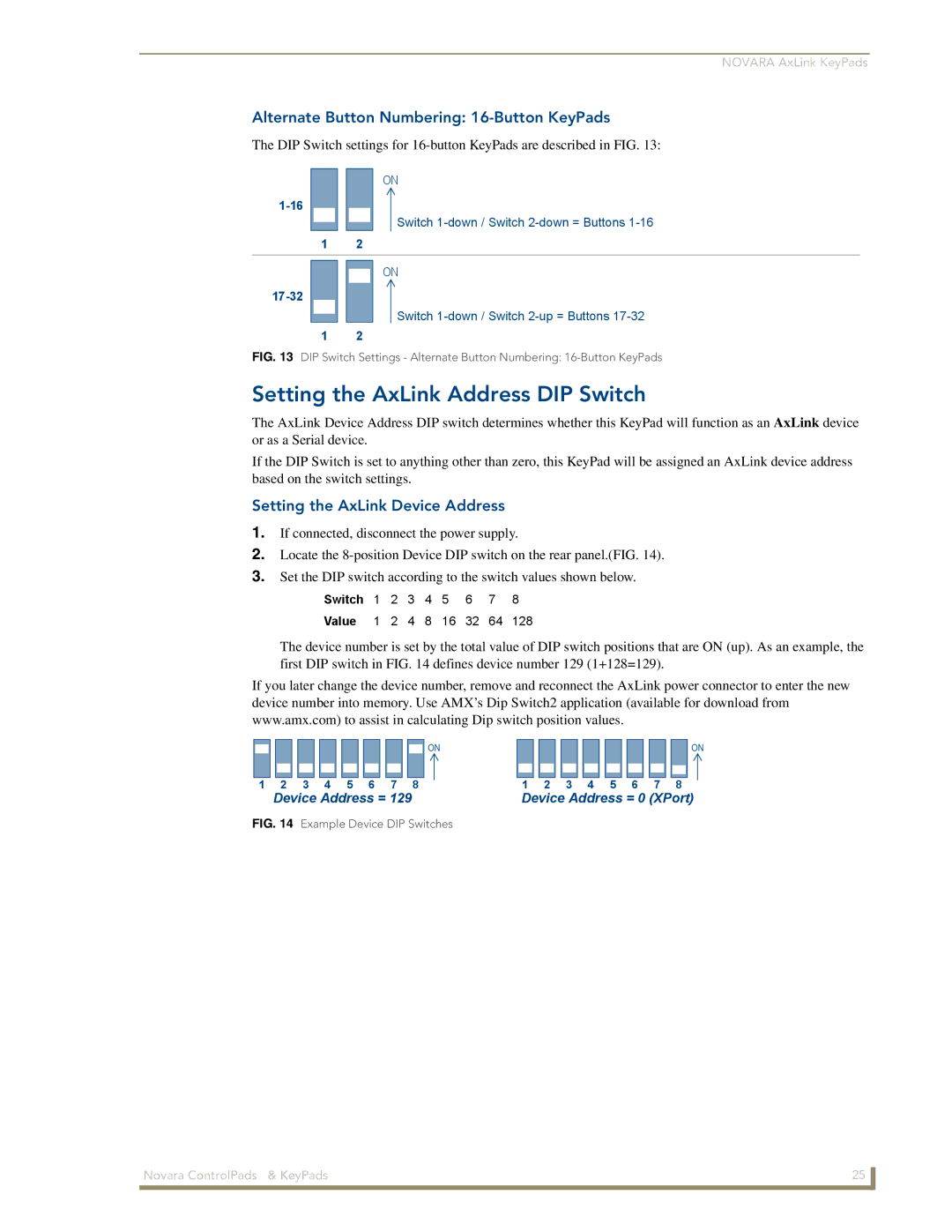 AMX 1000 Series, DCS1000 manual Setting the AxLink Address DIP Switch, Alternate Button Numbering 16-Button KeyPads 