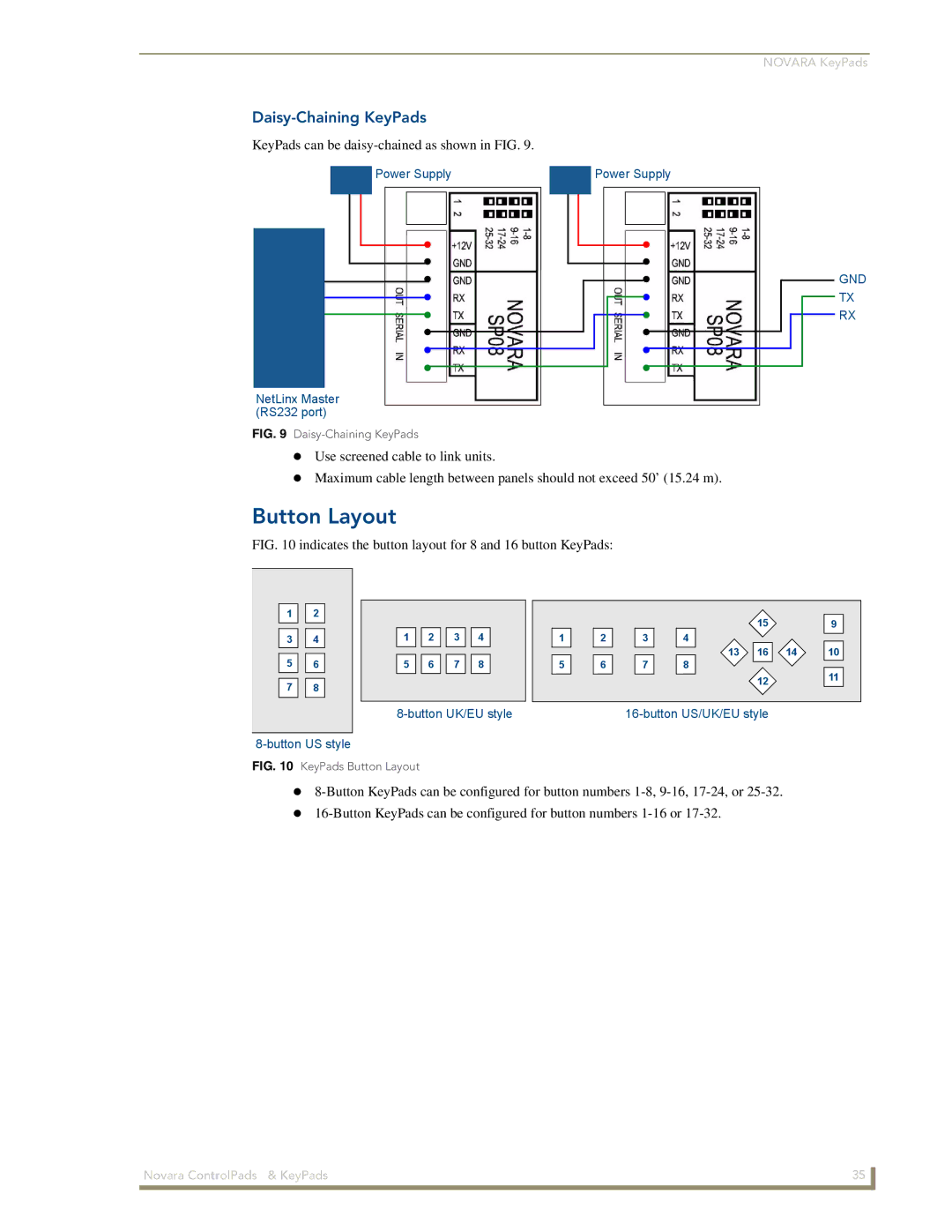 AMX 1000 Series, DCS1000 manual Button Layout, Daisy-Chaining KeyPads 