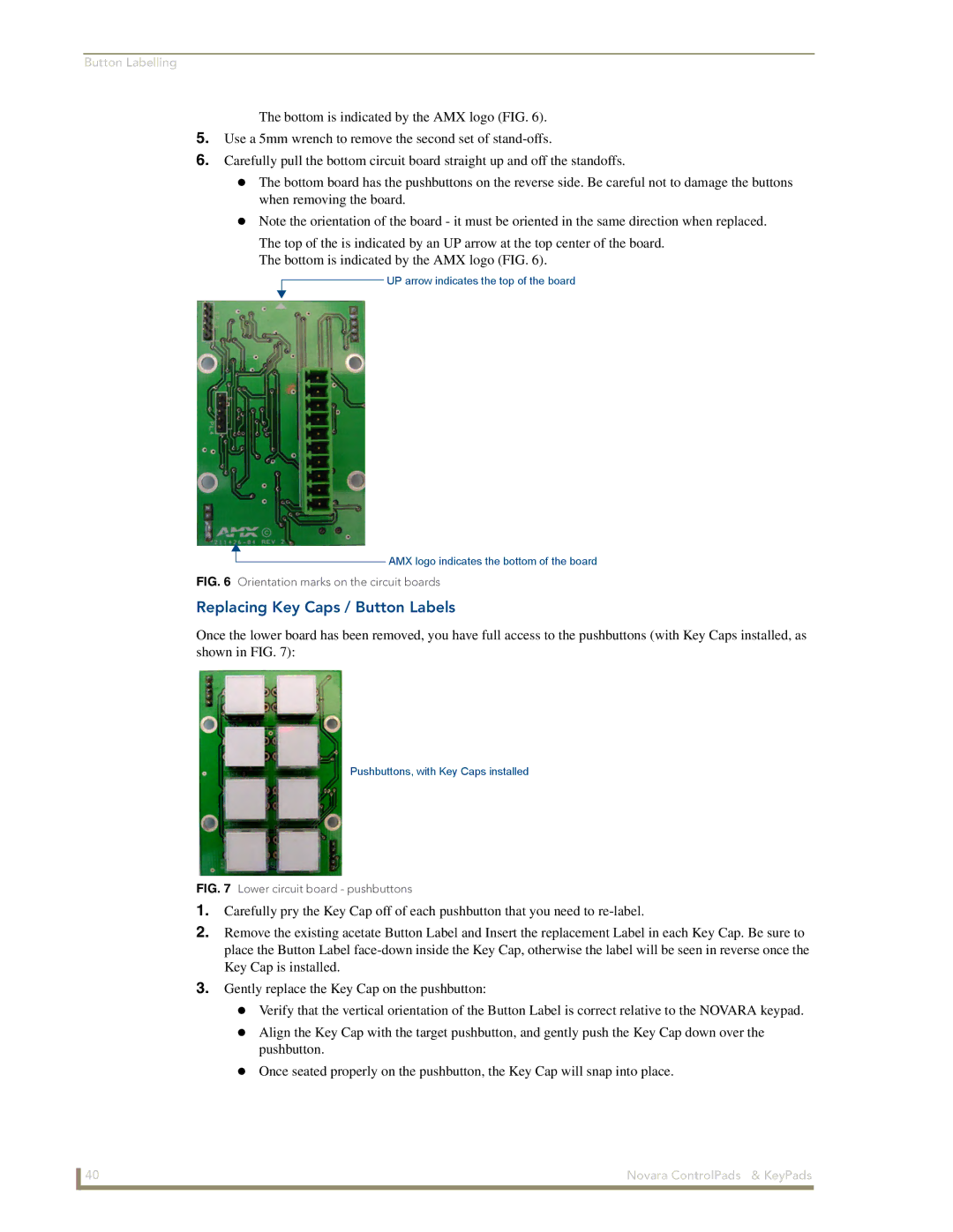 AMX DCS1000, 1000 Series manual Replacing Key Caps / Button Labels, Orientation marks on the circuit boards 