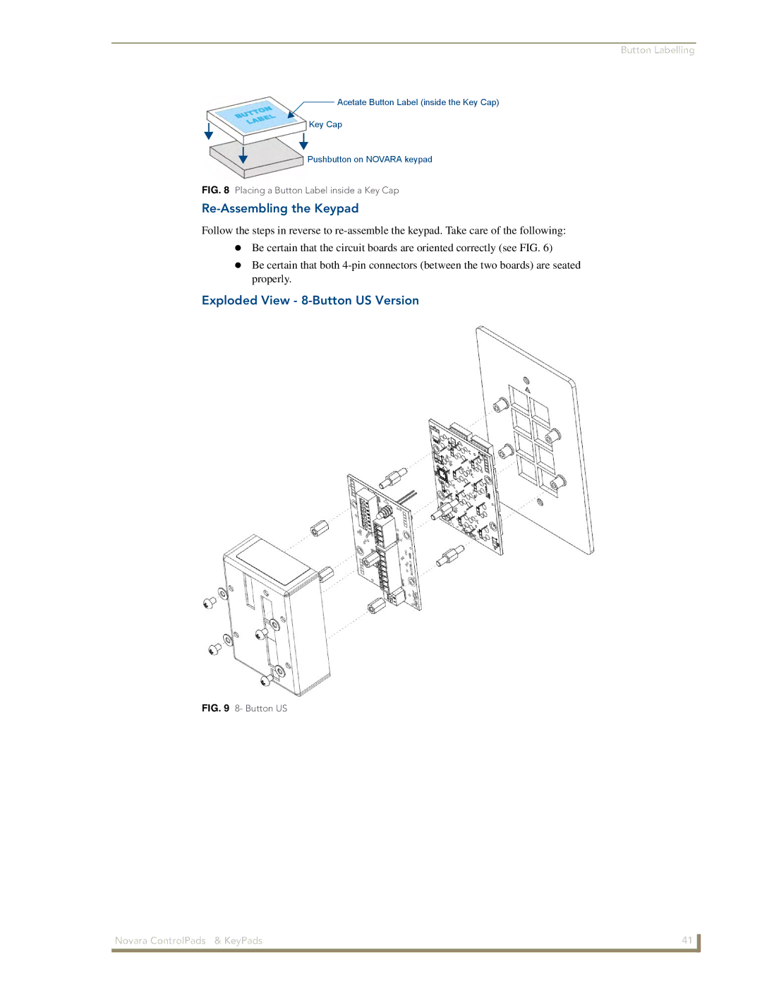 AMX 1000 Series, DCS1000 manual Re-Assembling the Keypad, Exploded View 8-Button US Version 