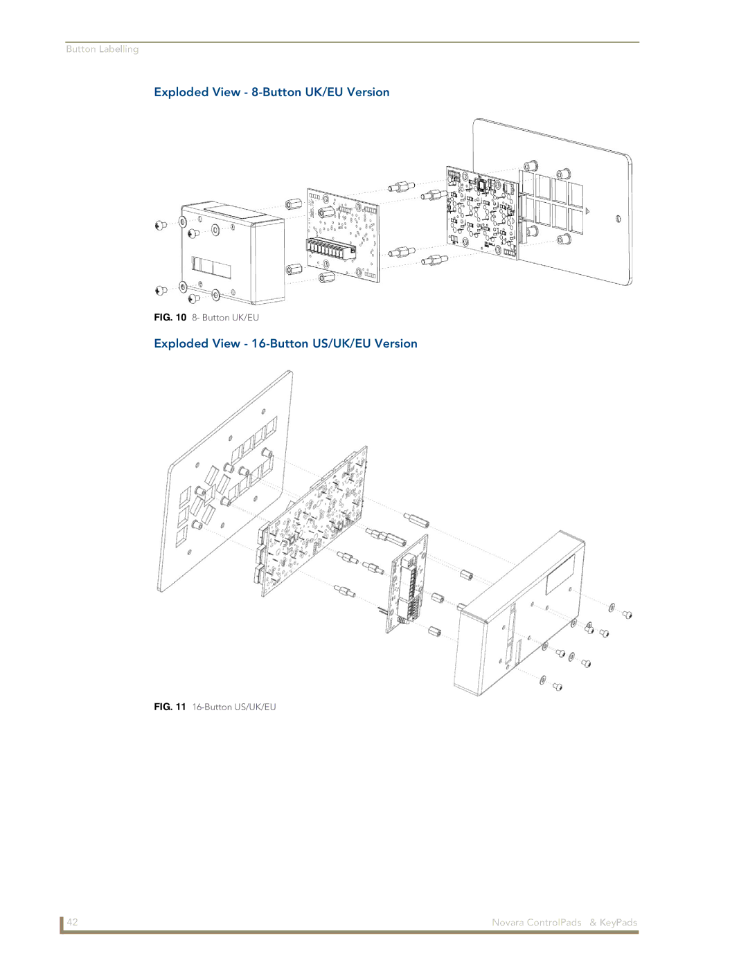 AMX DCS1000, 1000 Series manual Exploded View 8-Button UK/EU Version, Exploded View 16-Button US/UK/EU Version 