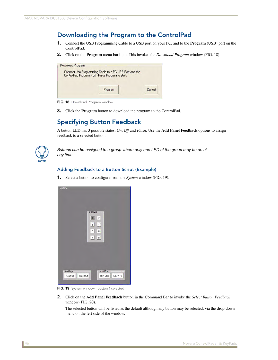 AMX DCS1000, 1000 Series manual Downloading the Program to the ControlPad, Specifying Button Feedback 
