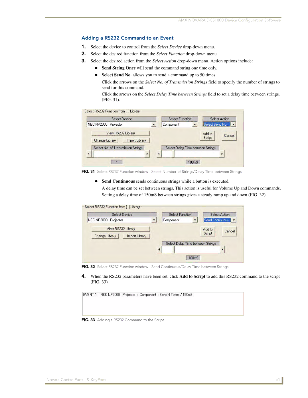 AMX 1000 Series, DCS1000 manual Adding a RS232 Command to an Event, Adding a RS232 Command to the Script 