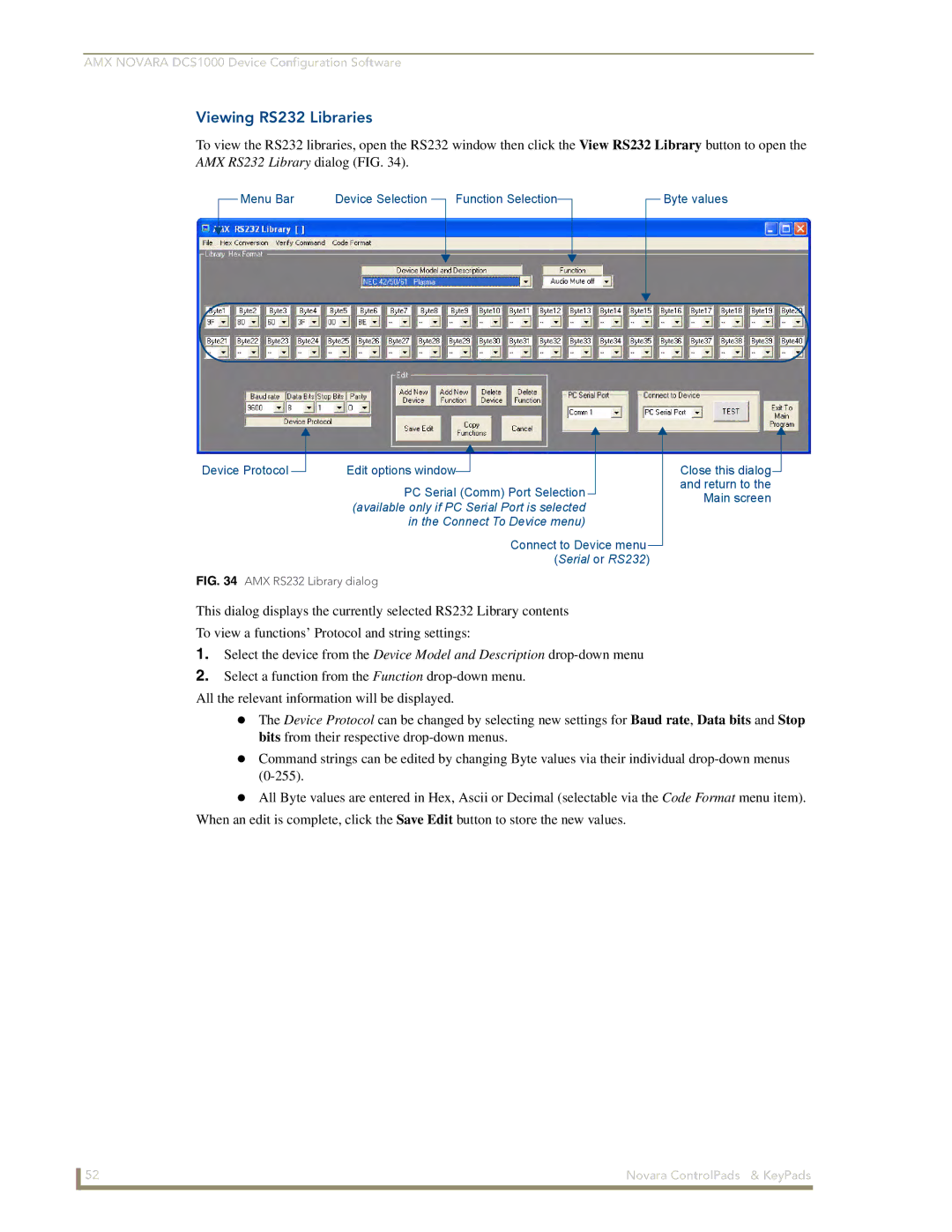 AMX DCS1000, 1000 Series manual Viewing RS232 Libraries, AMX RS232 Library dialog FIG 