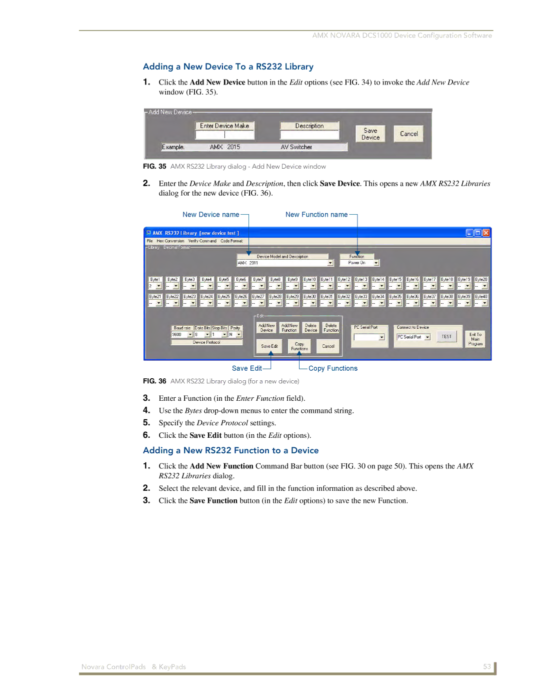 AMX 1000 Series, DCS1000 manual Adding a New Device To a RS232 Library, Adding a New RS232 Function to a Device 