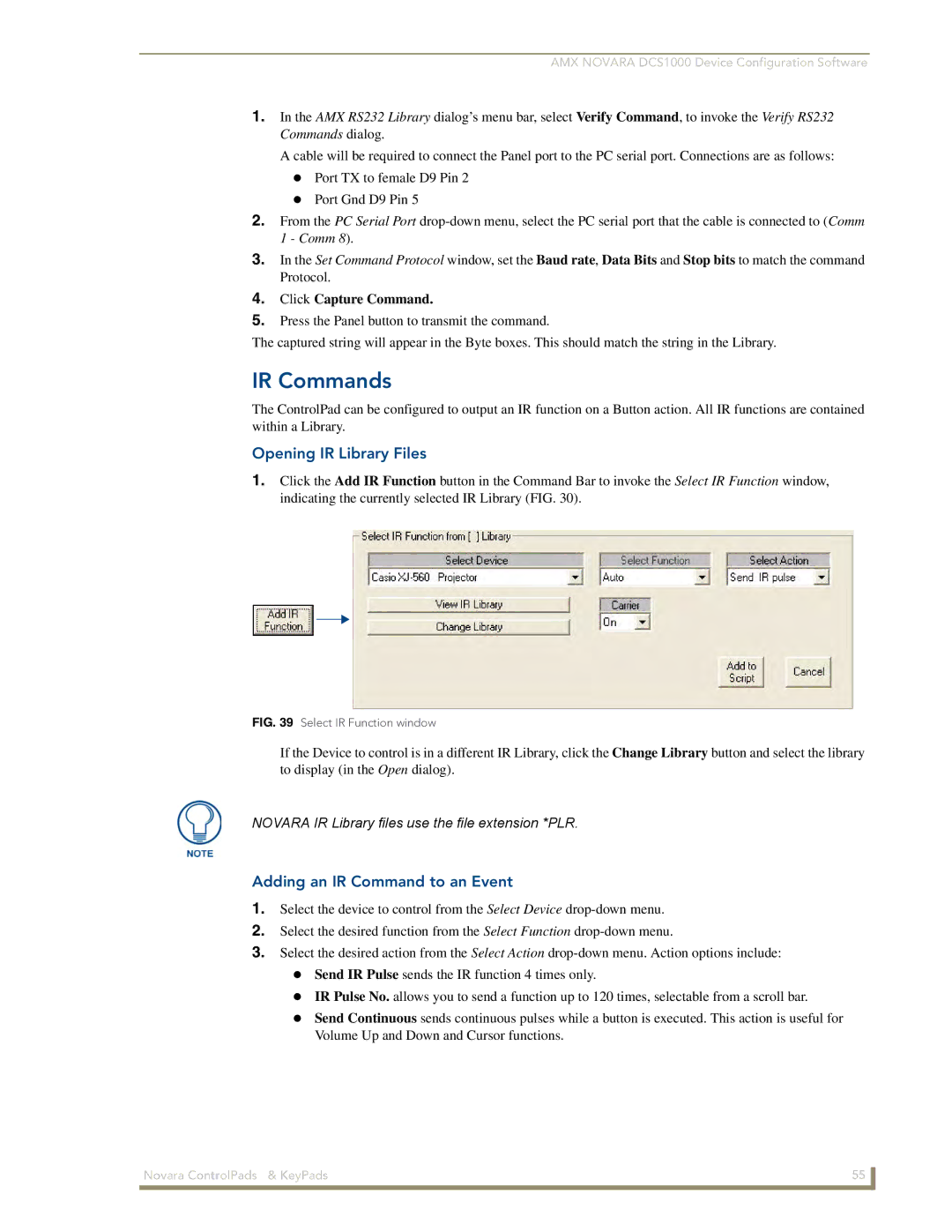 AMX 1000 Series, DCS1000 manual IR Commands, Opening IR Library Files, Adding an IR Command to an Event 