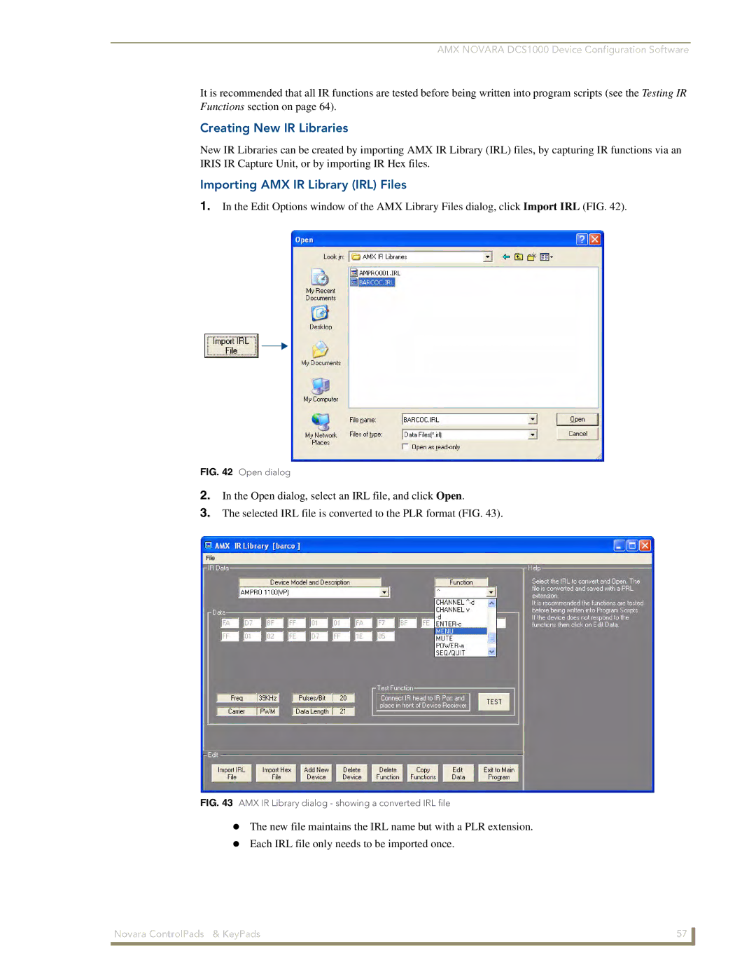 AMX 1000 Series, DCS1000 manual Creating New IR Libraries, Importing AMX IR Library IRL Files 