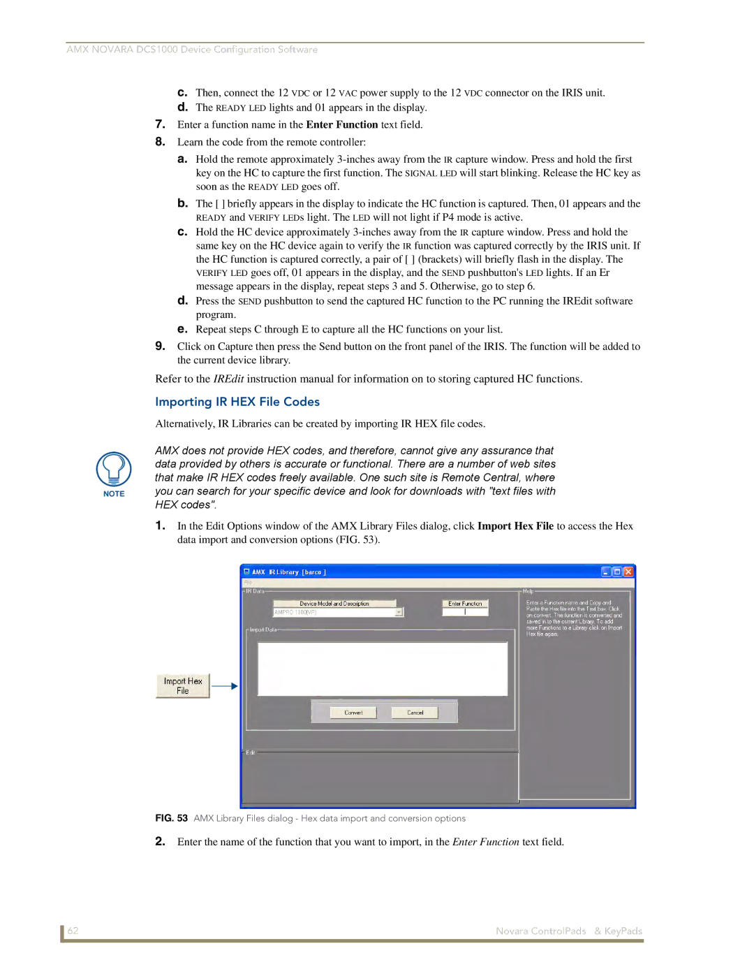 AMX DCS1000, 1000 Series manual Importing IR HEX File Codes 