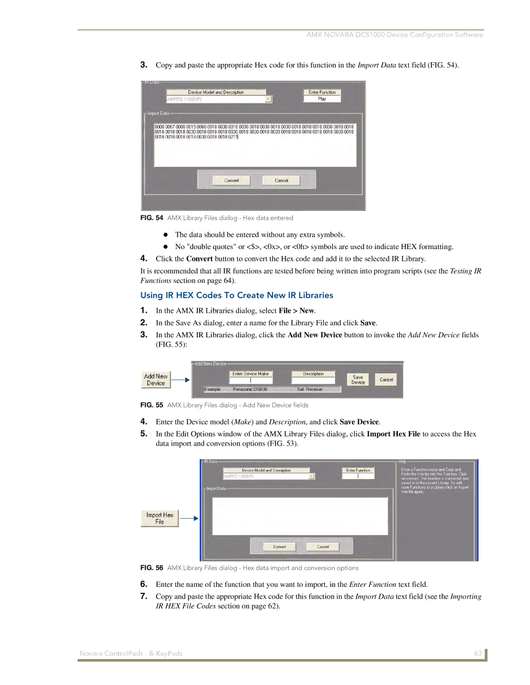 AMX 1000 Series, DCS1000 manual Using IR HEX Codes To Create New IR Libraries, AMX Library Files dialog Hex data entered 