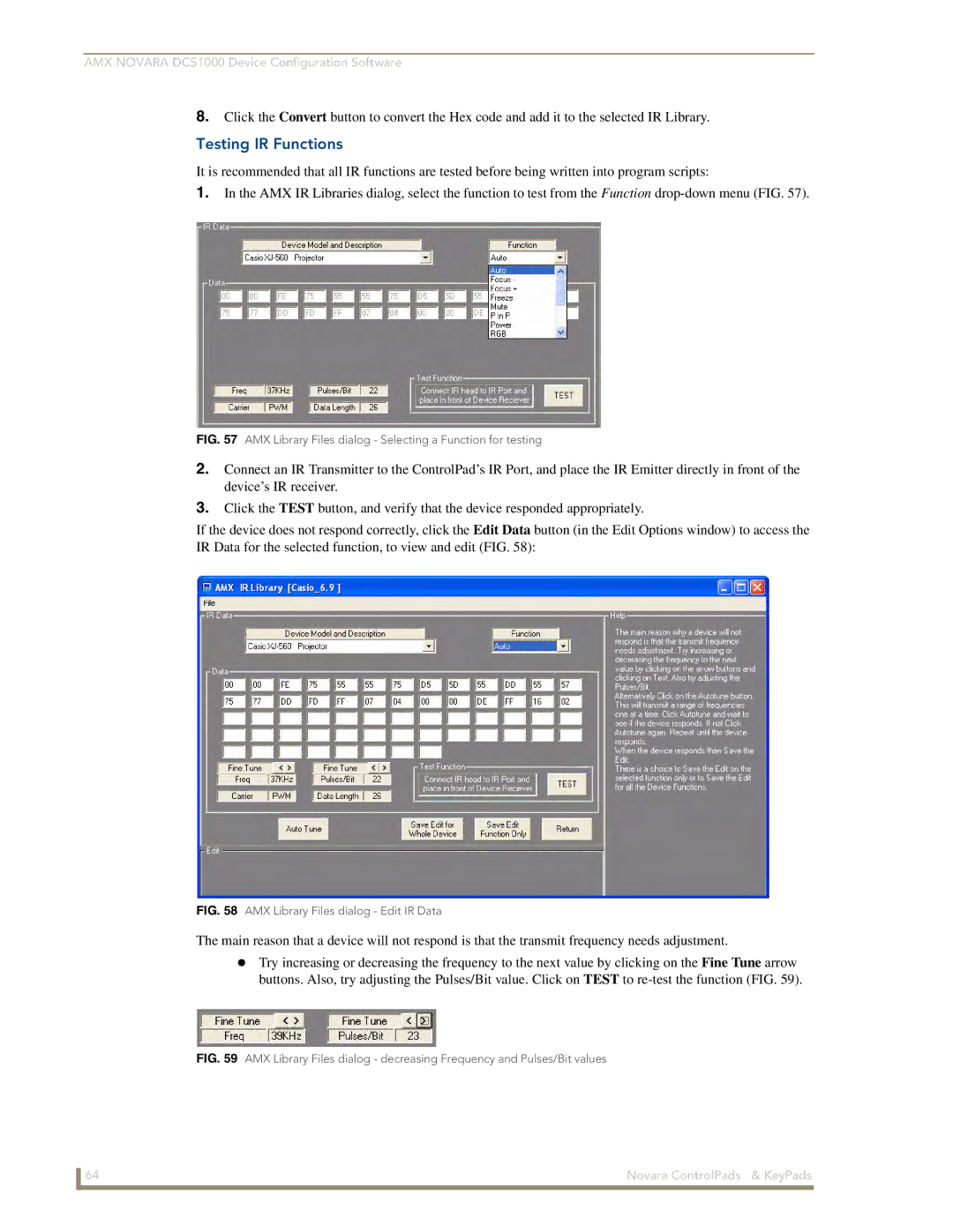 AMX DCS1000, 1000 Series manual Testing IR Functions, AMX Library Files dialog Selecting a Function for testing 