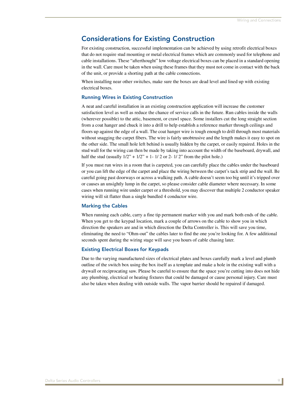 AMX Delta Series Considerations for Existing Construction, Running Wires in Existing Construction, Marking the Cables 