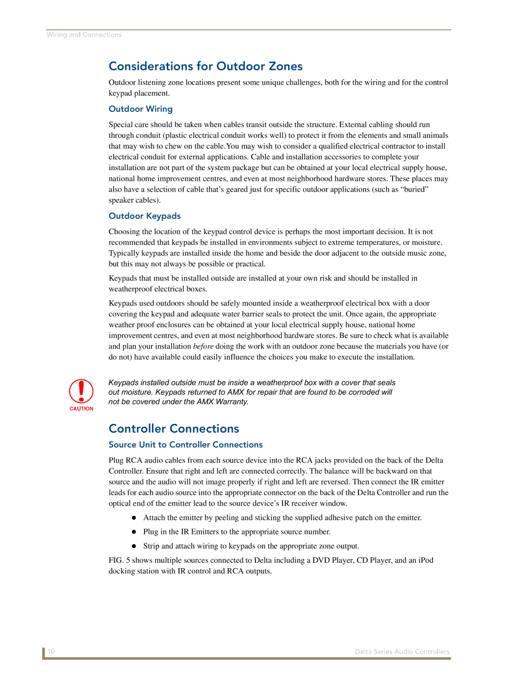 AMX Delta Series manual Considerations for Outdoor Zones, Controller Connections, Outdoor Wiring, Outdoor Keypads 