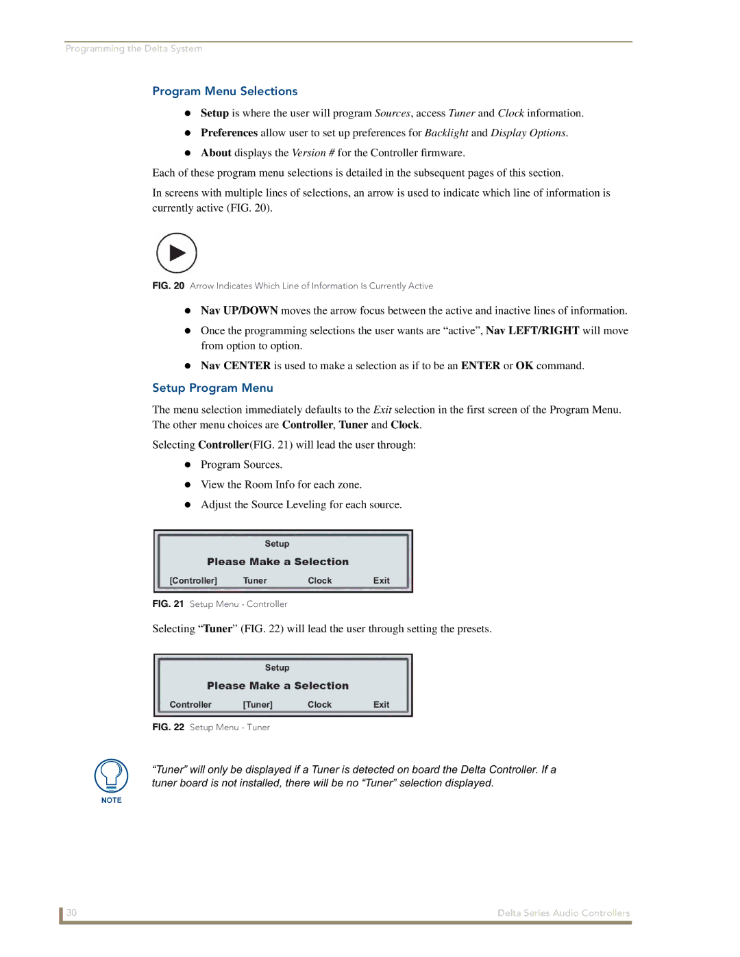 AMX Delta Series manual Program Menu Selections, Setup Program Menu 