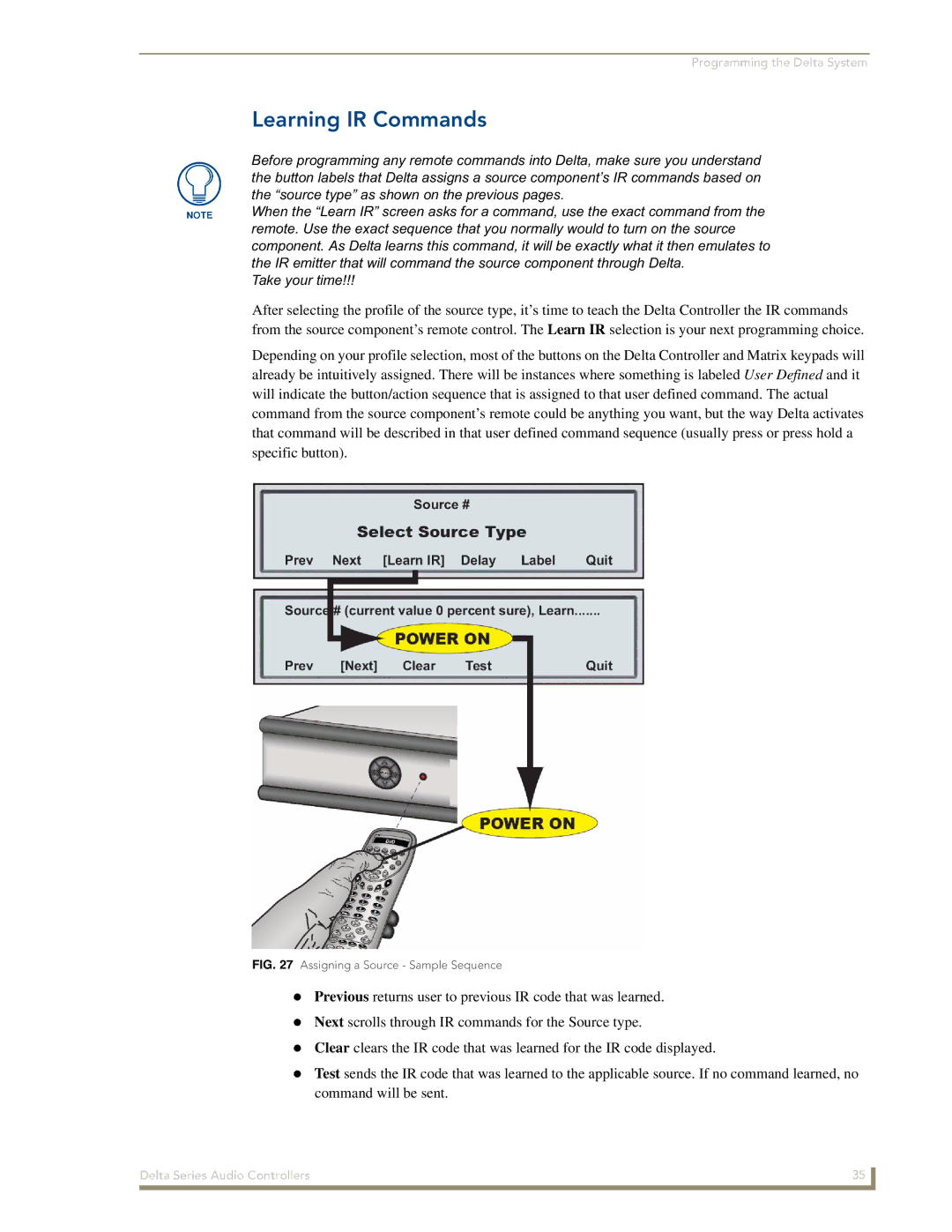 AMX Delta Series manual Learning IR Commands, Assigning a Source Sample Sequence 