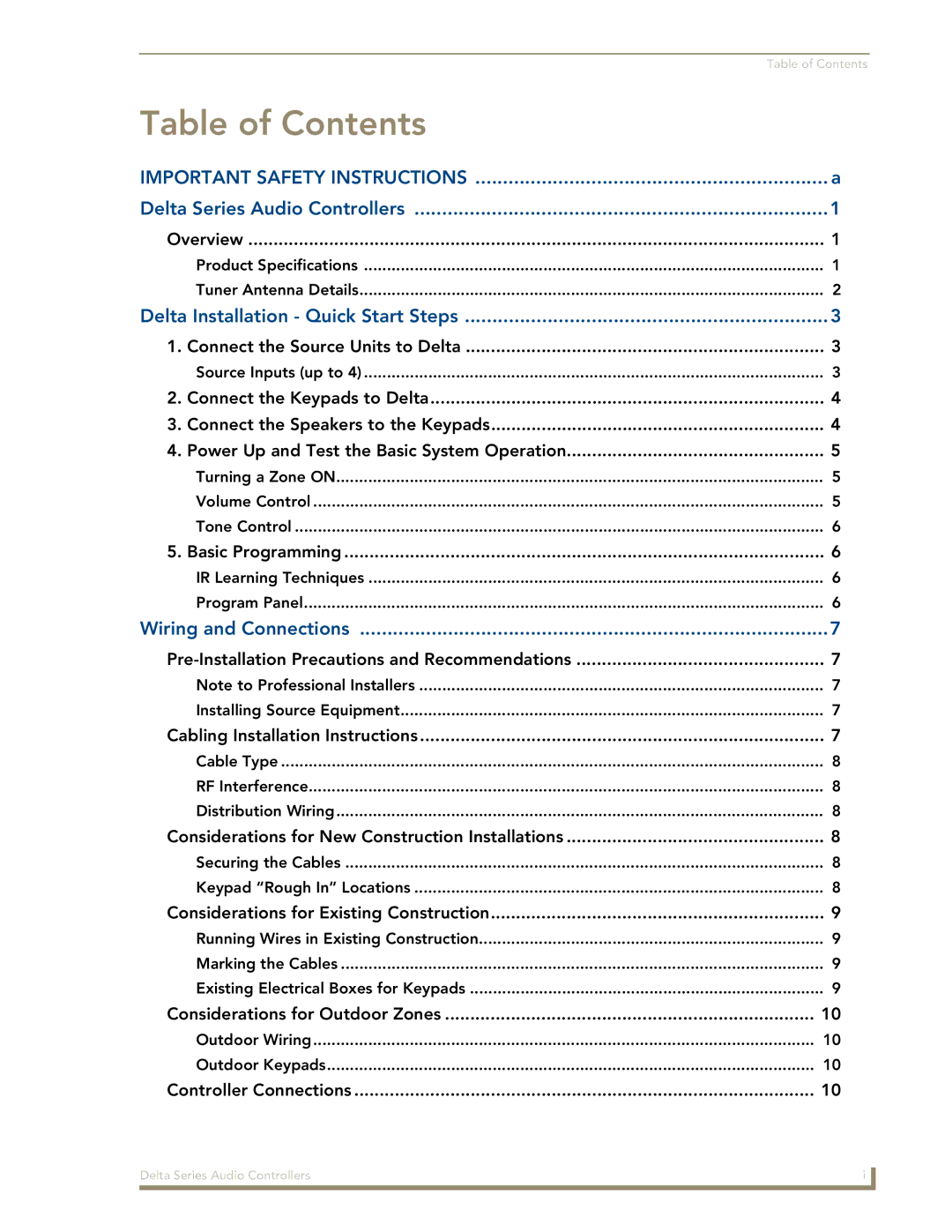 AMX Delta Series manual Table of Contents 