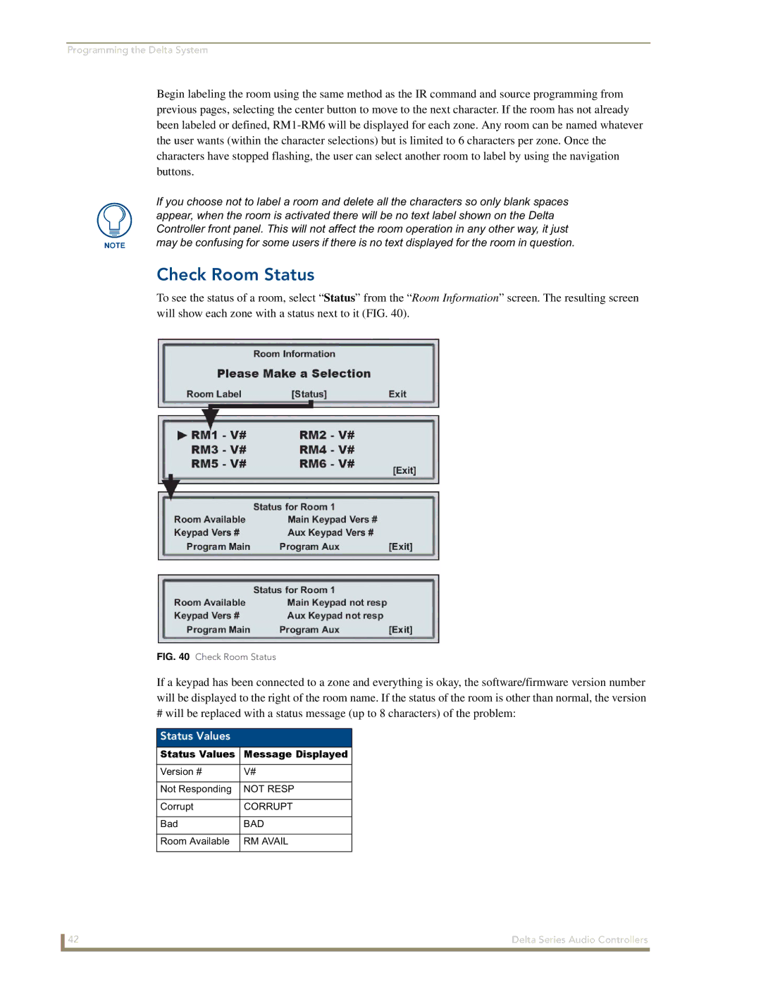 AMX Delta Series manual Check Room Status, Status Values Message Displayed 