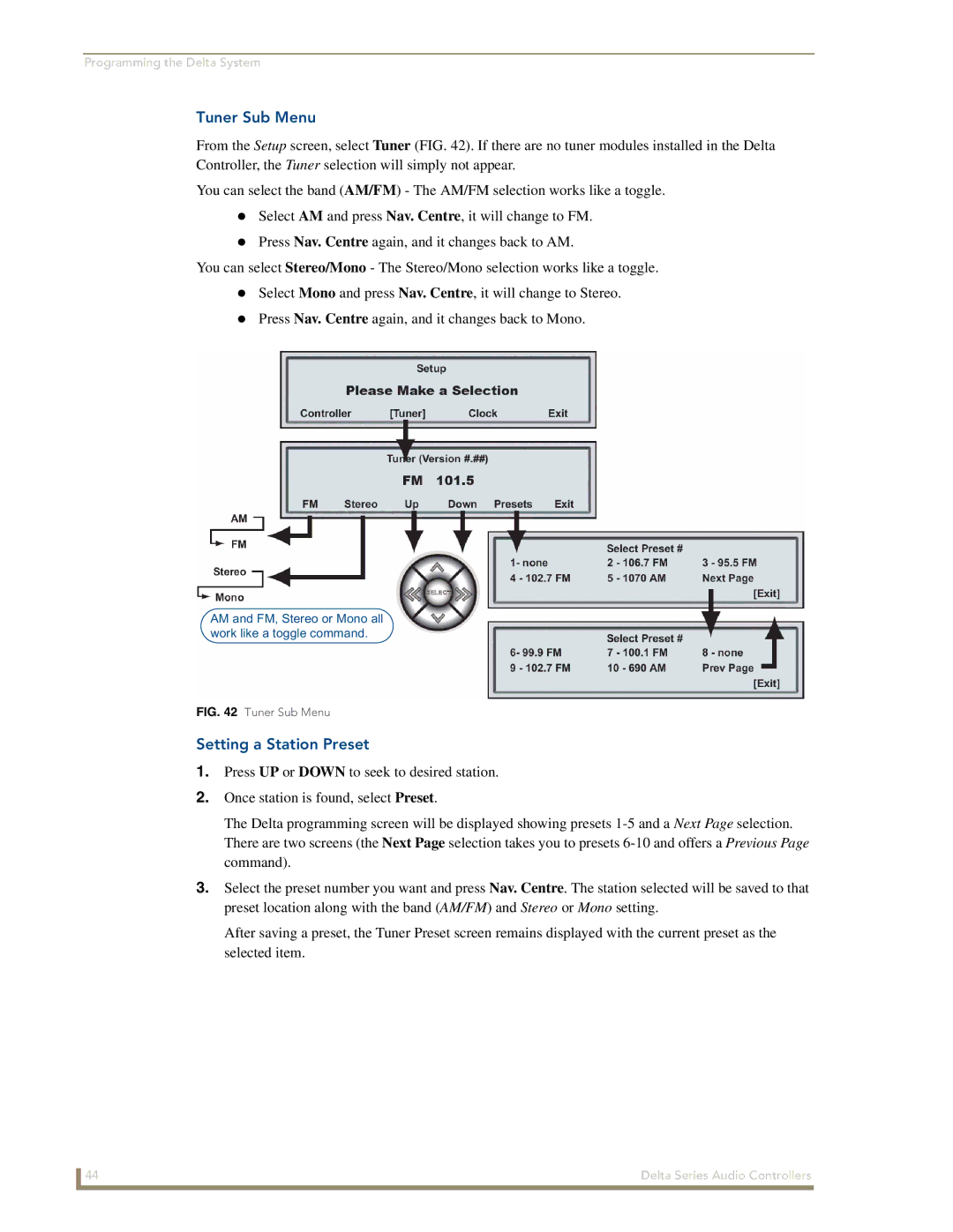 AMX Delta Series manual Tuner Sub Menu, Setting a Station Preset 