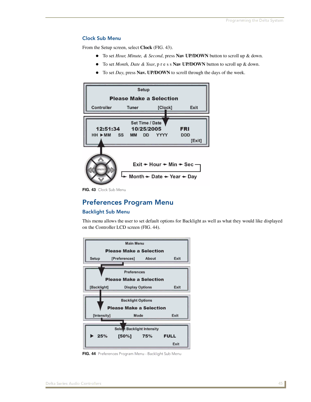 AMX Delta Series manual Preferences Program Menu, Clock Sub Menu, Backlight Sub Menu 