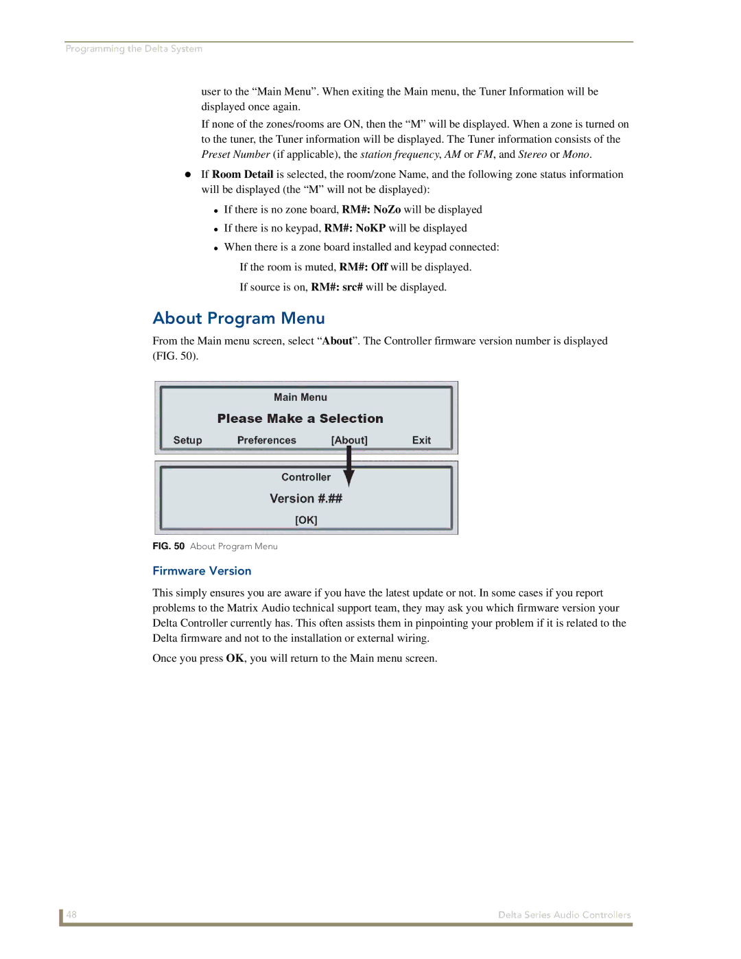 AMX Delta Series manual About Program Menu, Firmware Version 