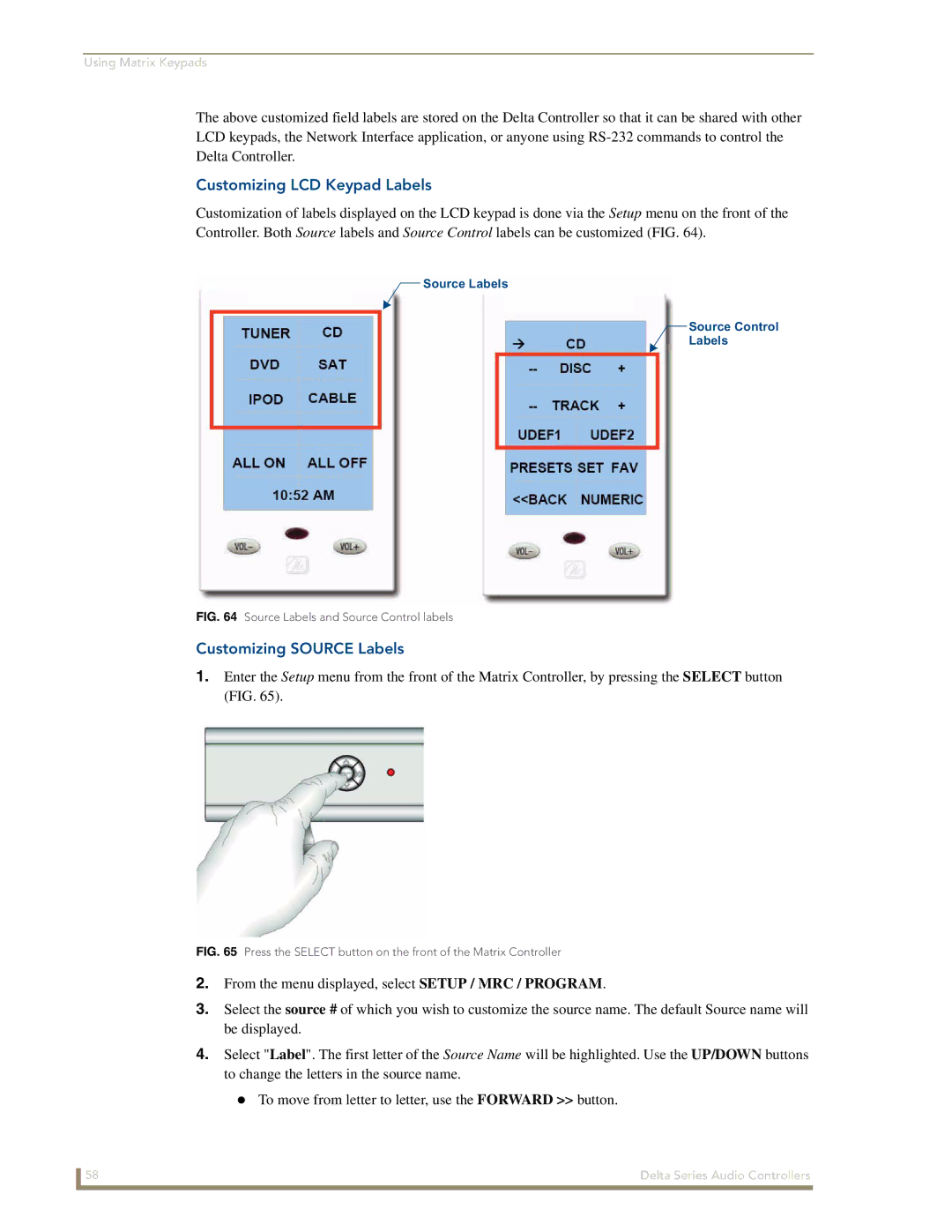 AMX Delta Series manual Customizing LCD Keypad Labels, Customizing Source Labels 