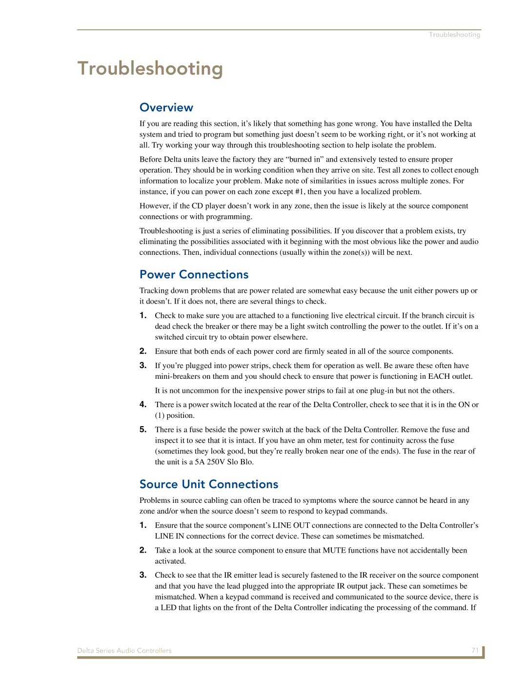 AMX Delta Series manual Troubleshooting, Power Connections, Source Unit Connections 