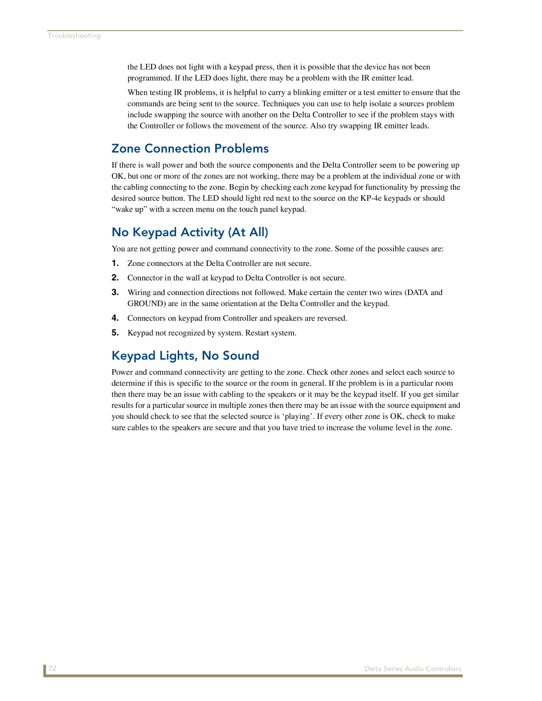 AMX Delta Series manual Zone Connection Problems, No Keypad Activity At All, Keypad Lights, No Sound 