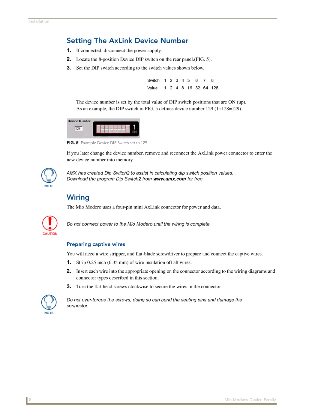 AMX Device Family manual Setting The AxLink Device Number, Wiring, Preparing captive wires 