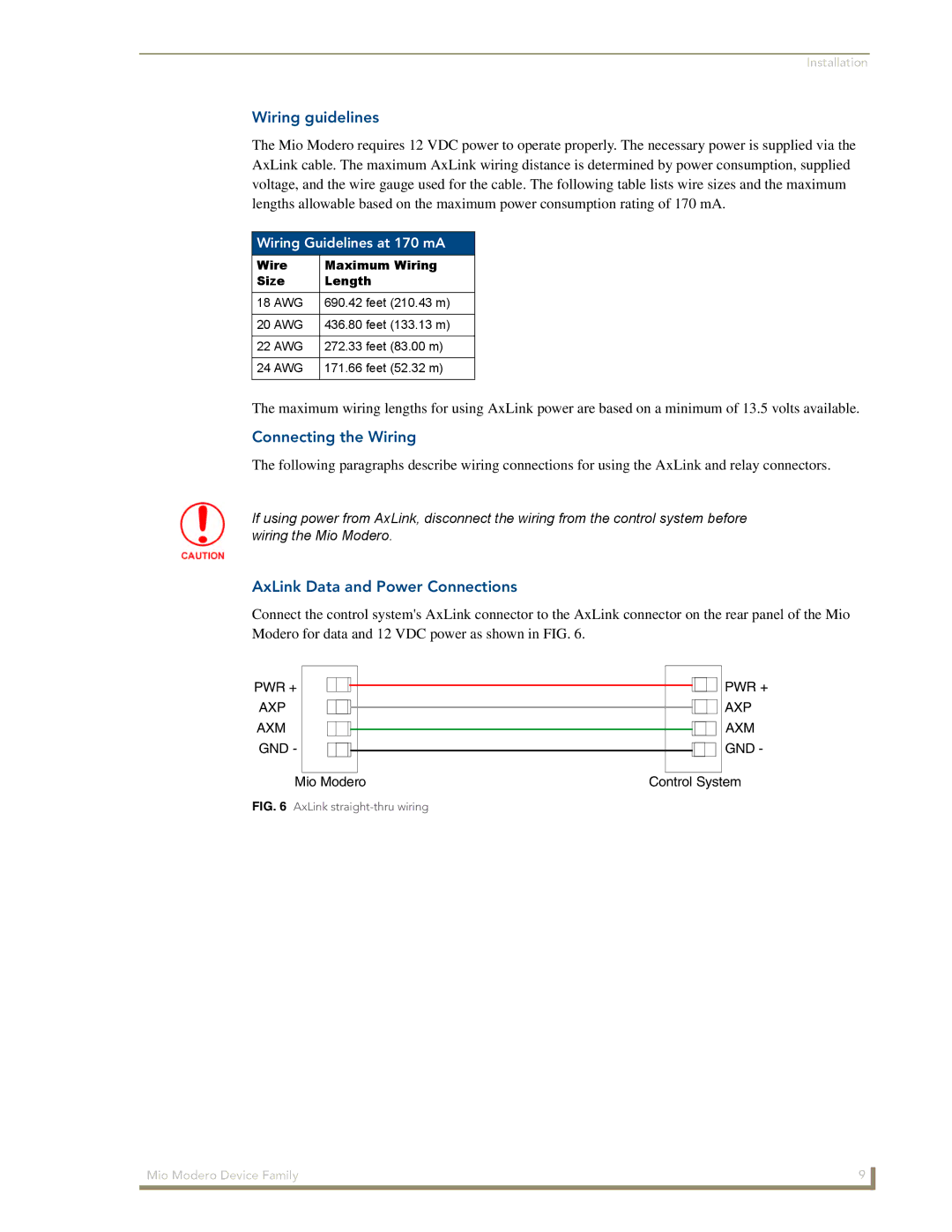 AMX Device Family Wiring guidelines, Connecting the Wiring, AxLink Data and Power Connections, Wiring Guidelines at 170 mA 