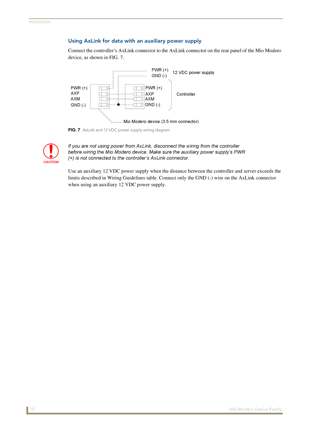 AMX Device Family Using AxLink for data with an auxiliary power supply, AxLink and 12 VDC power supply wiring diagram 