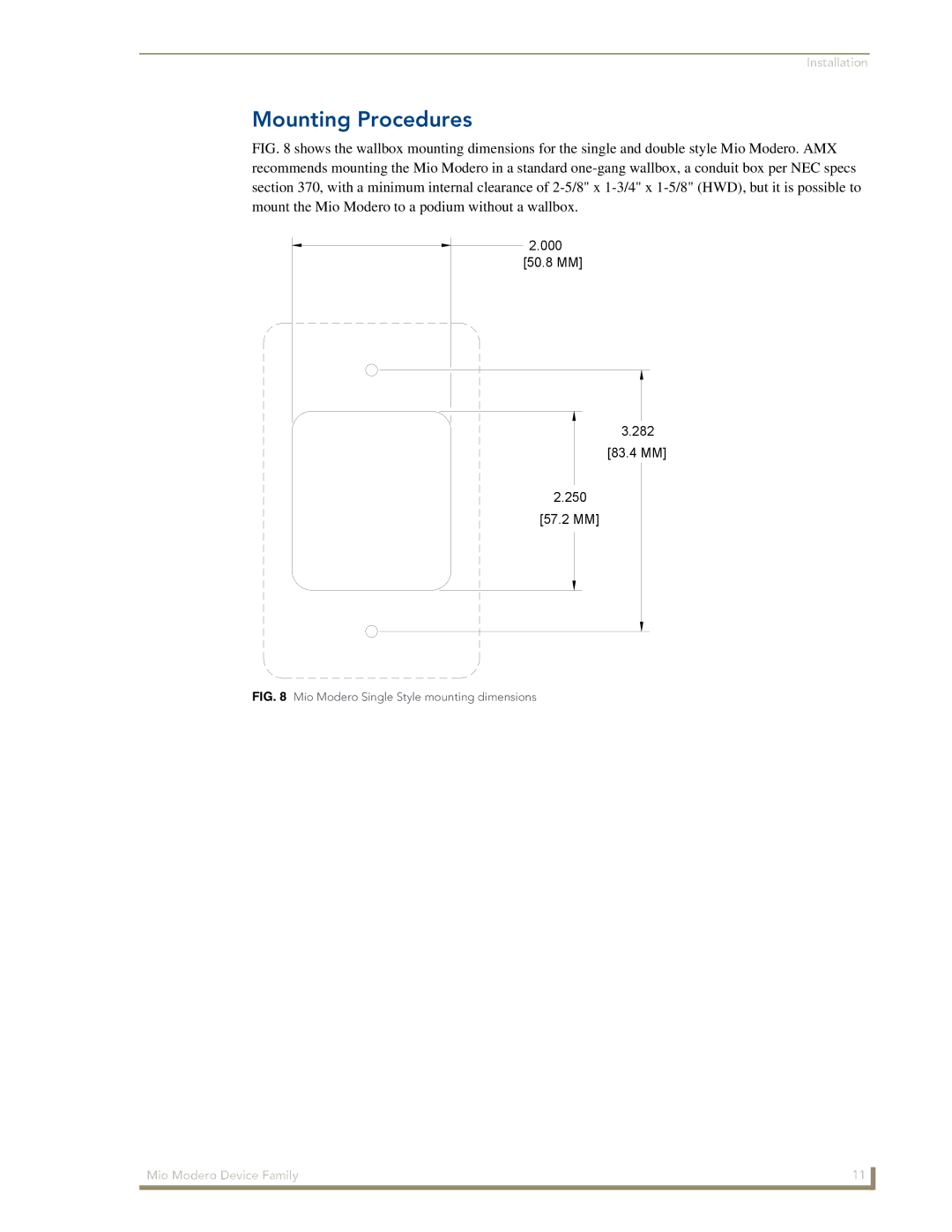 AMX Device Family manual Mounting Procedures, Mio Modero Single Style mounting dimensions 