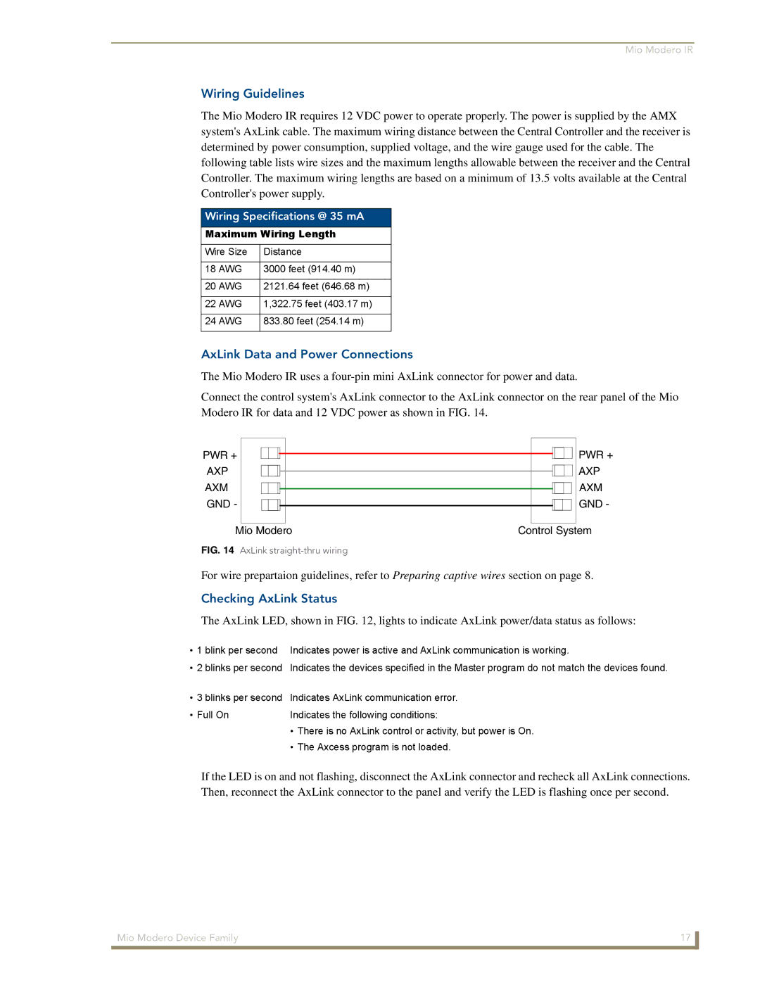 AMX Device Family manual Checking AxLink Status, Wiring Specifications @ 35 mA 