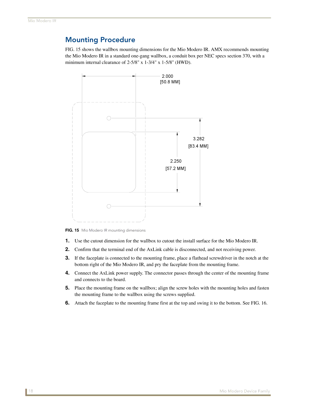 AMX Device Family manual Mounting Procedure, Mio Modero IR mounting dimensions 