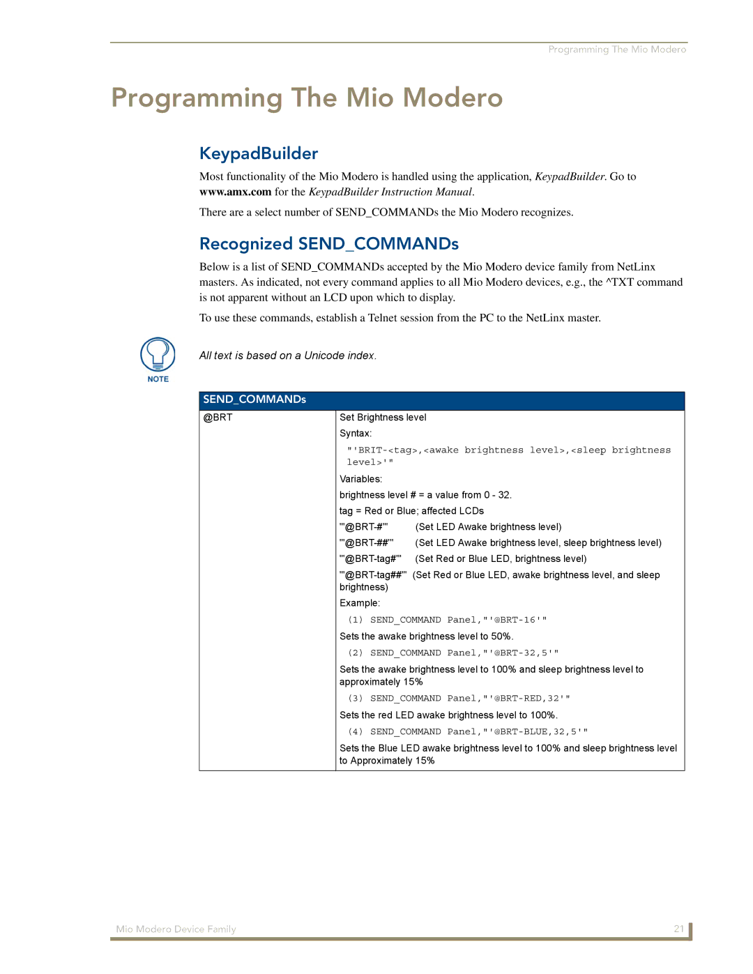 AMX Device Family manual Programming The Mio Modero, KeypadBuilder, Recognized SENDCOMMANDs 