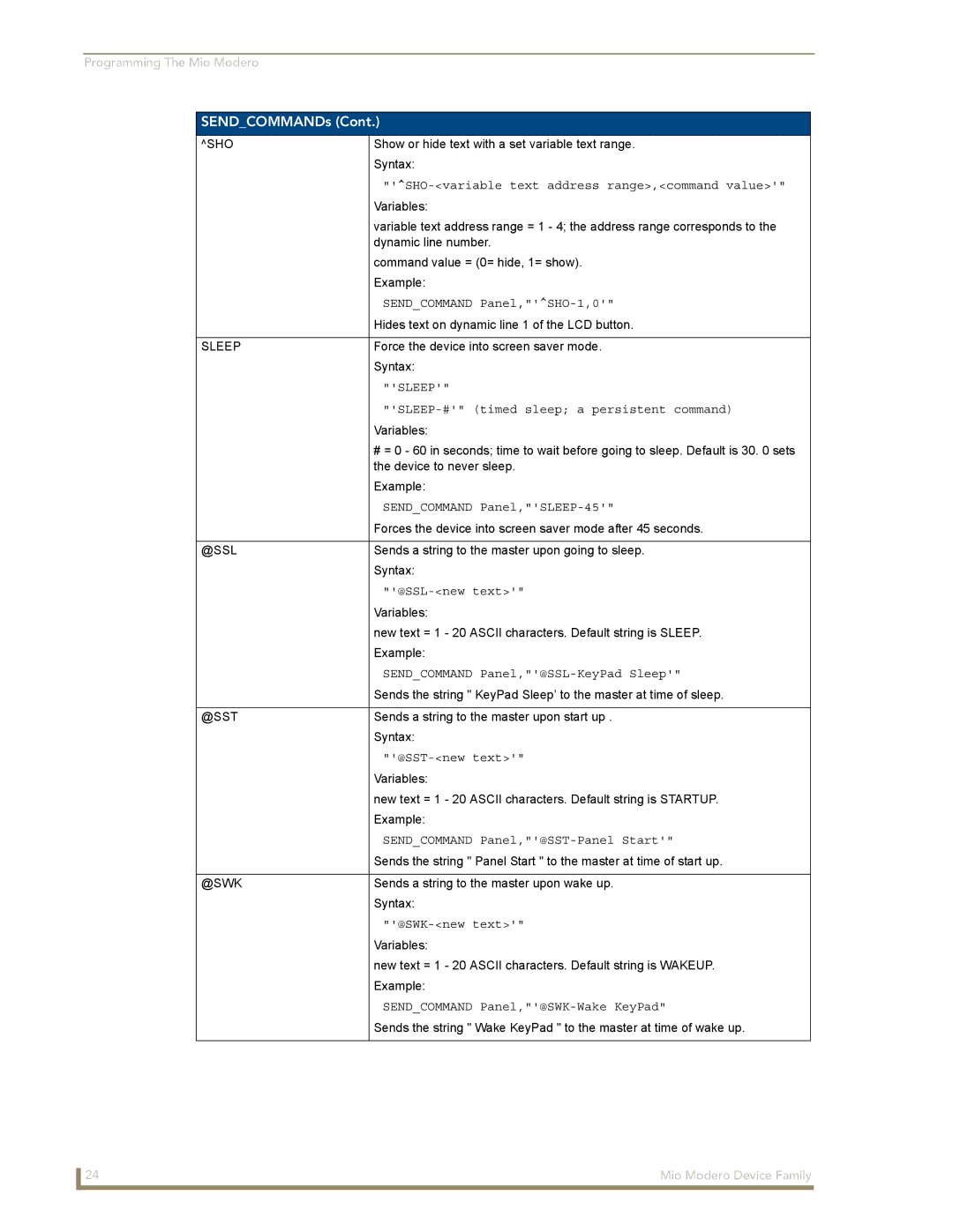 AMX Device Family manual Sendcommand Panel,SHO-1,0, SLEEP-# timed sleep a persistent command, Sendcommand Panel,SLEEP-45 