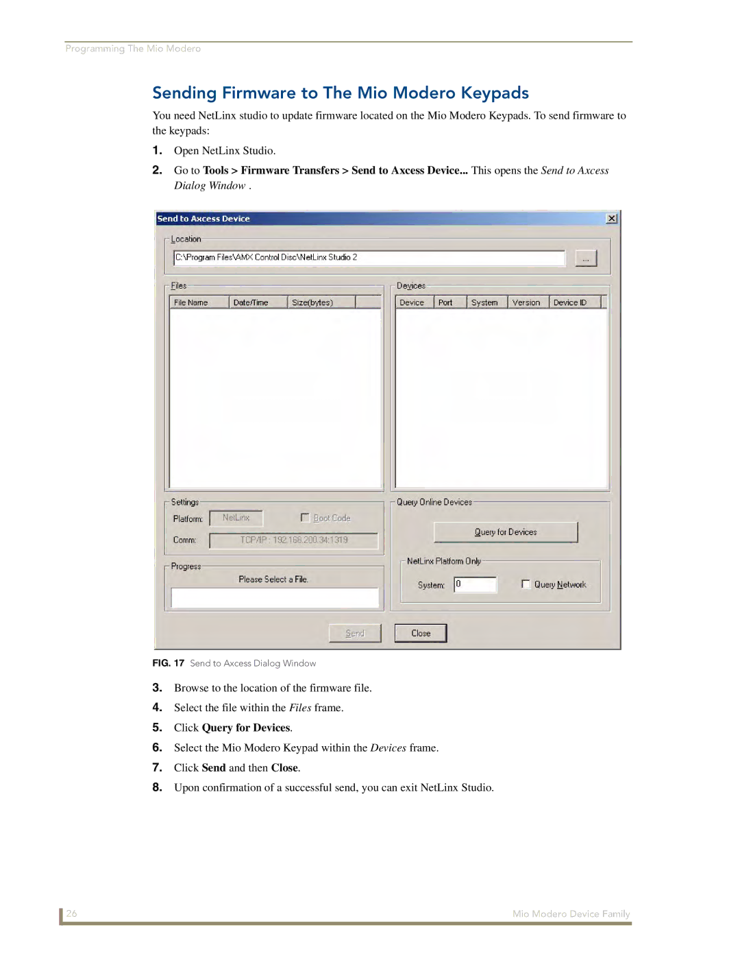 AMX Device Family manual Sending Firmware to The Mio Modero Keypads, Click Query for Devices 