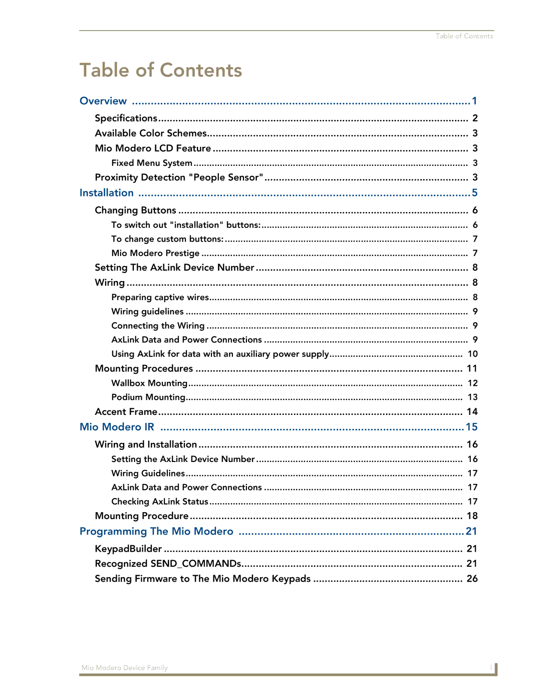 AMX Device Family manual Table of Contents 