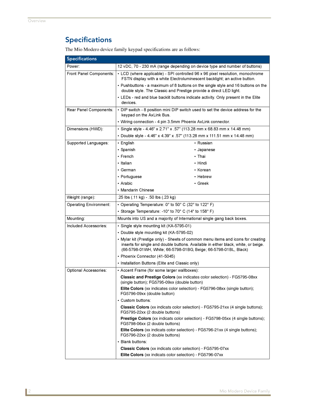 AMX Device Family manual Specifications 