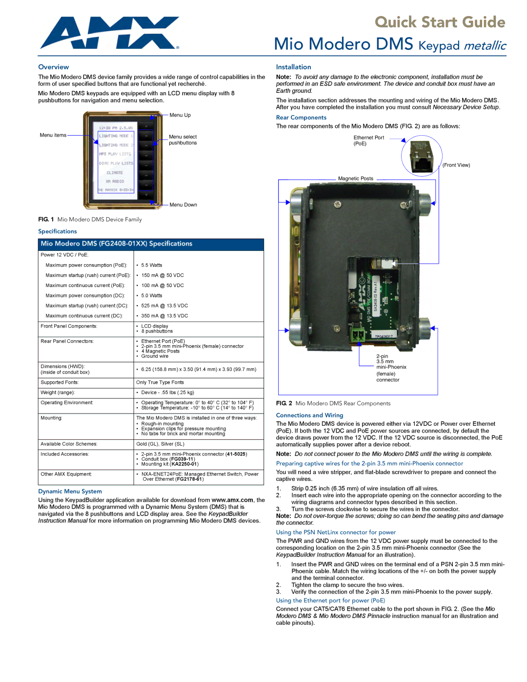 AMX DMS (FG2408-01XX) quick start Rear Components, Specifications, Dynamic Menu System, Connections and Wiring 