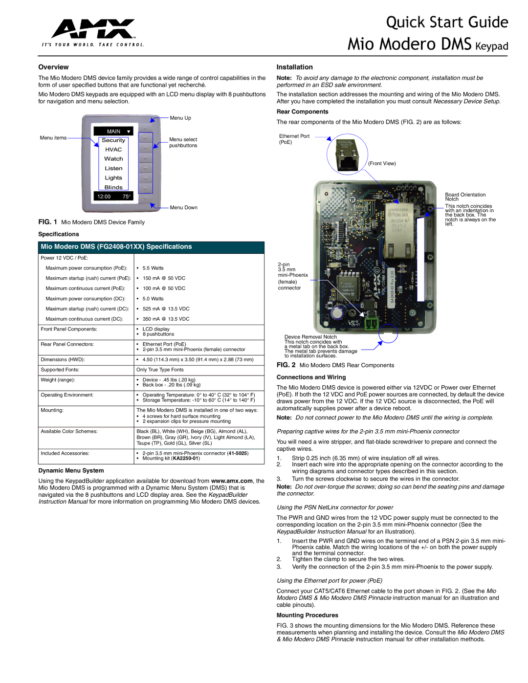 AMX Dms Keypad quick start Rear Components, Specifications, Dynamic Menu System, Connections and Wiring 