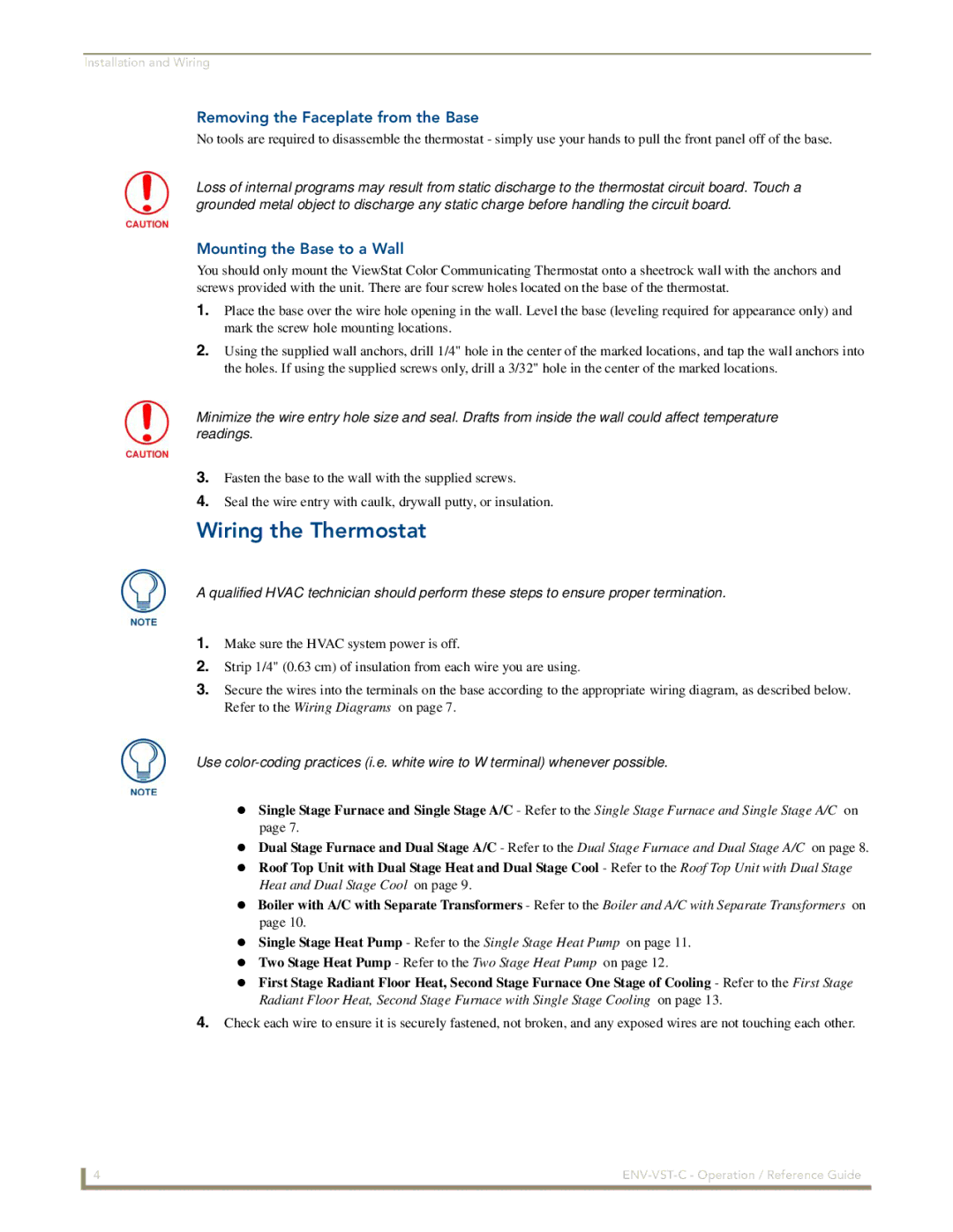 AMX ENV-VST-C manual Wiring the Thermostat, Removing the Faceplate from the Base, Mounting the Base to a Wall 